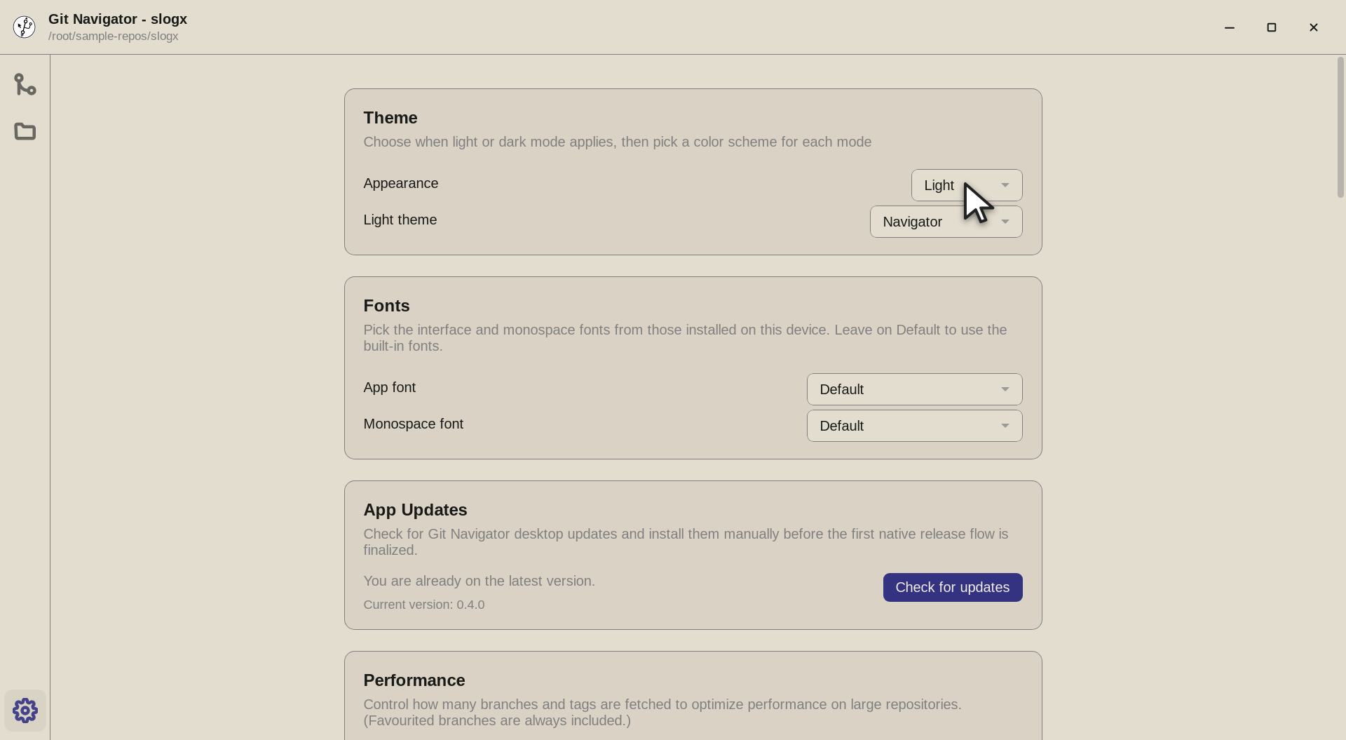Git Navigator Settings showing the Theme card with appearance and color-scheme selectors