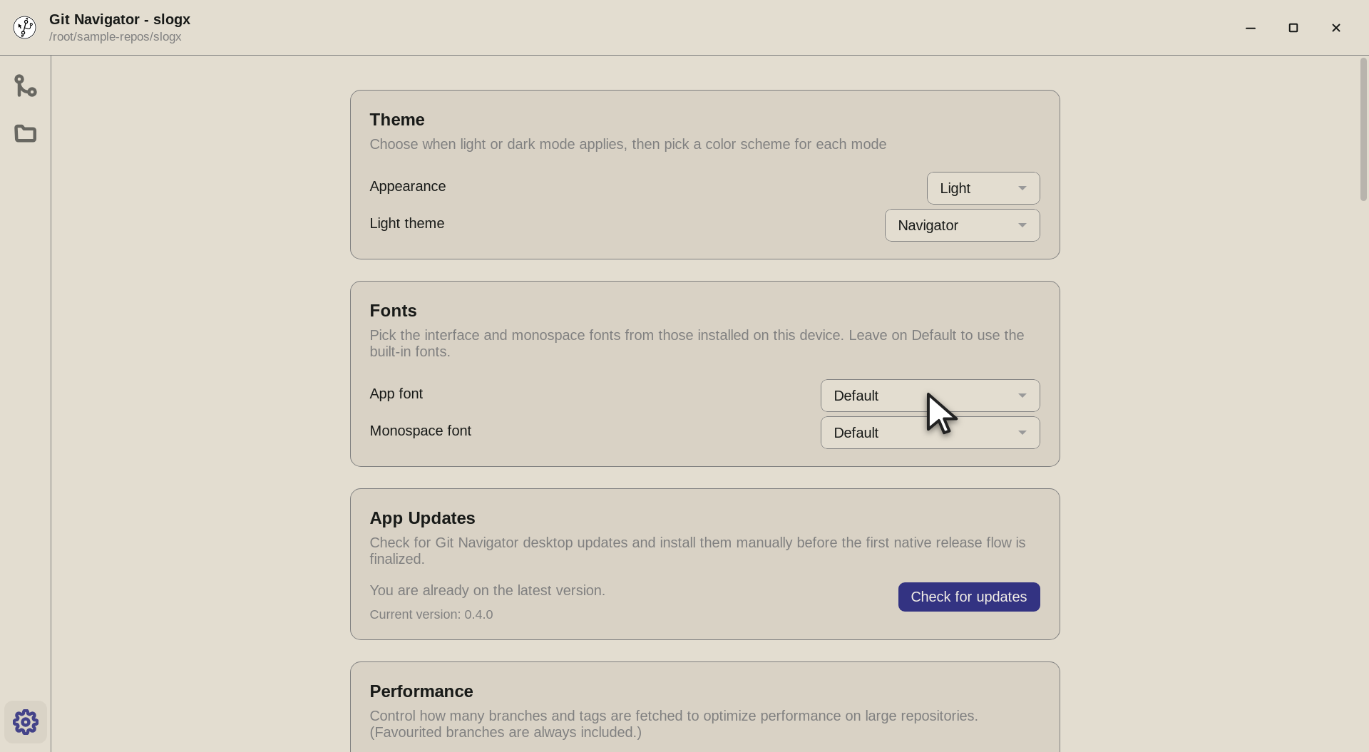 Step 3 — The Fonts card sets the interface and monospace fonts from those installed on your device. Leave either on Default to us