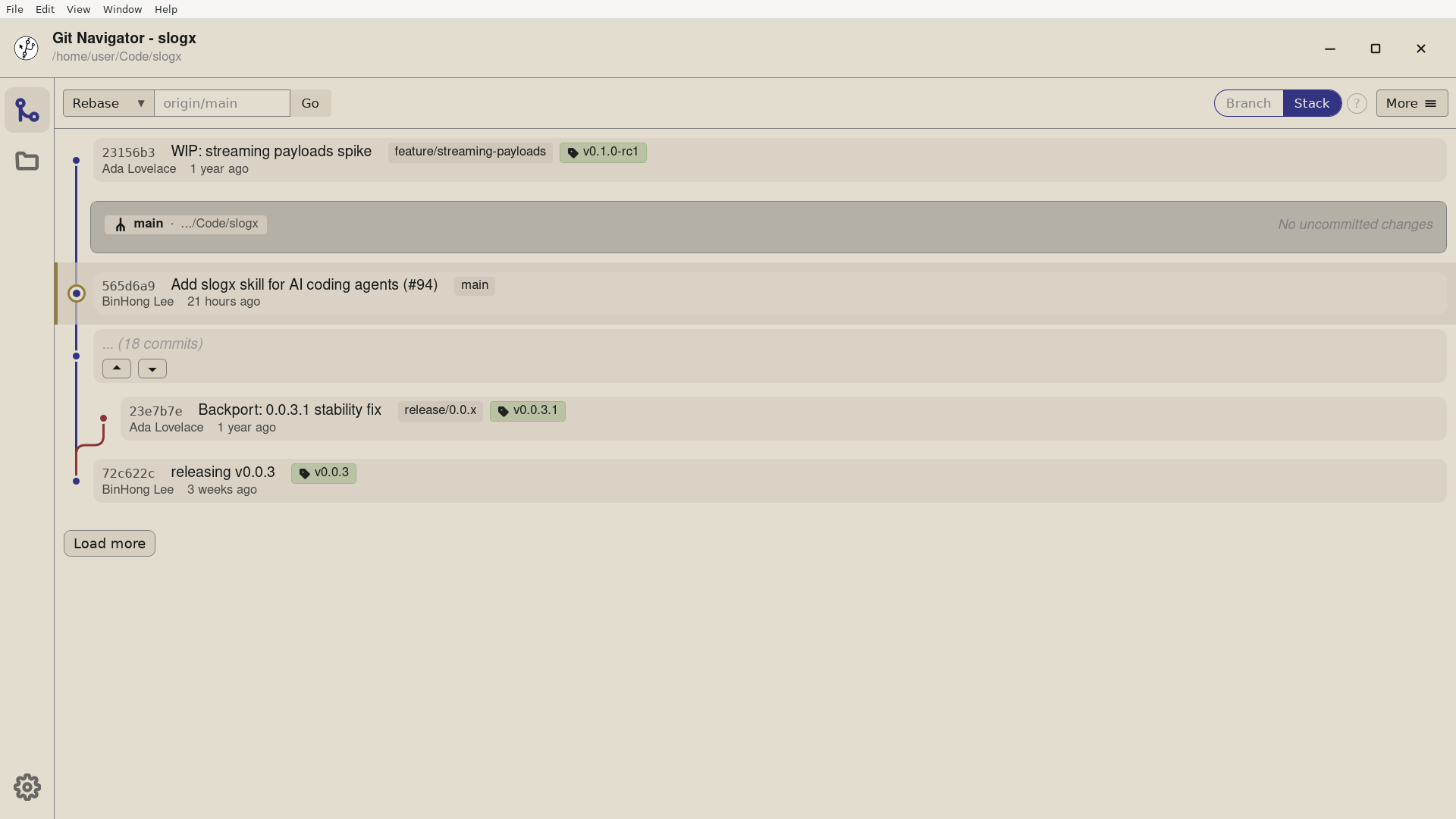 Git Navigator showing a commit graph with several feature branches, a long-running release branch, and multiple release tags