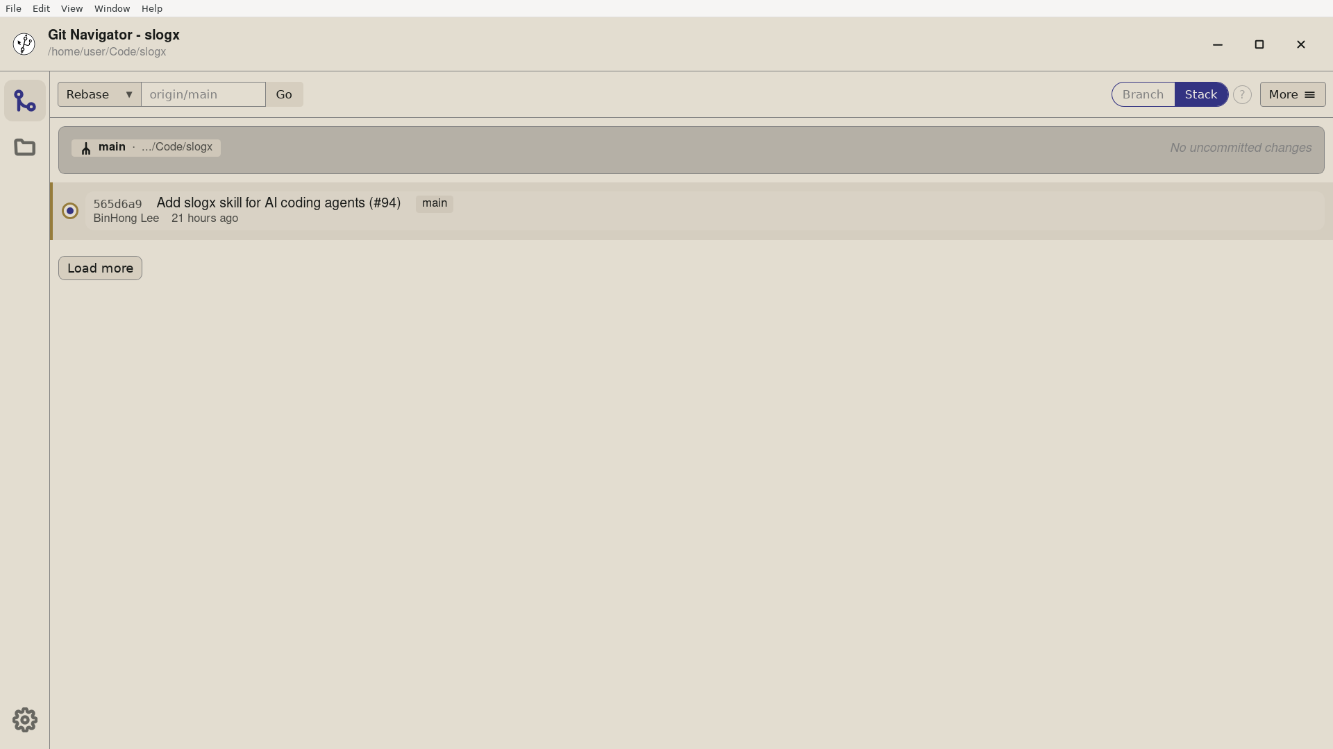 Git Navigator showing an interactive commit graph with multiple branches, a tag, and a merge commit