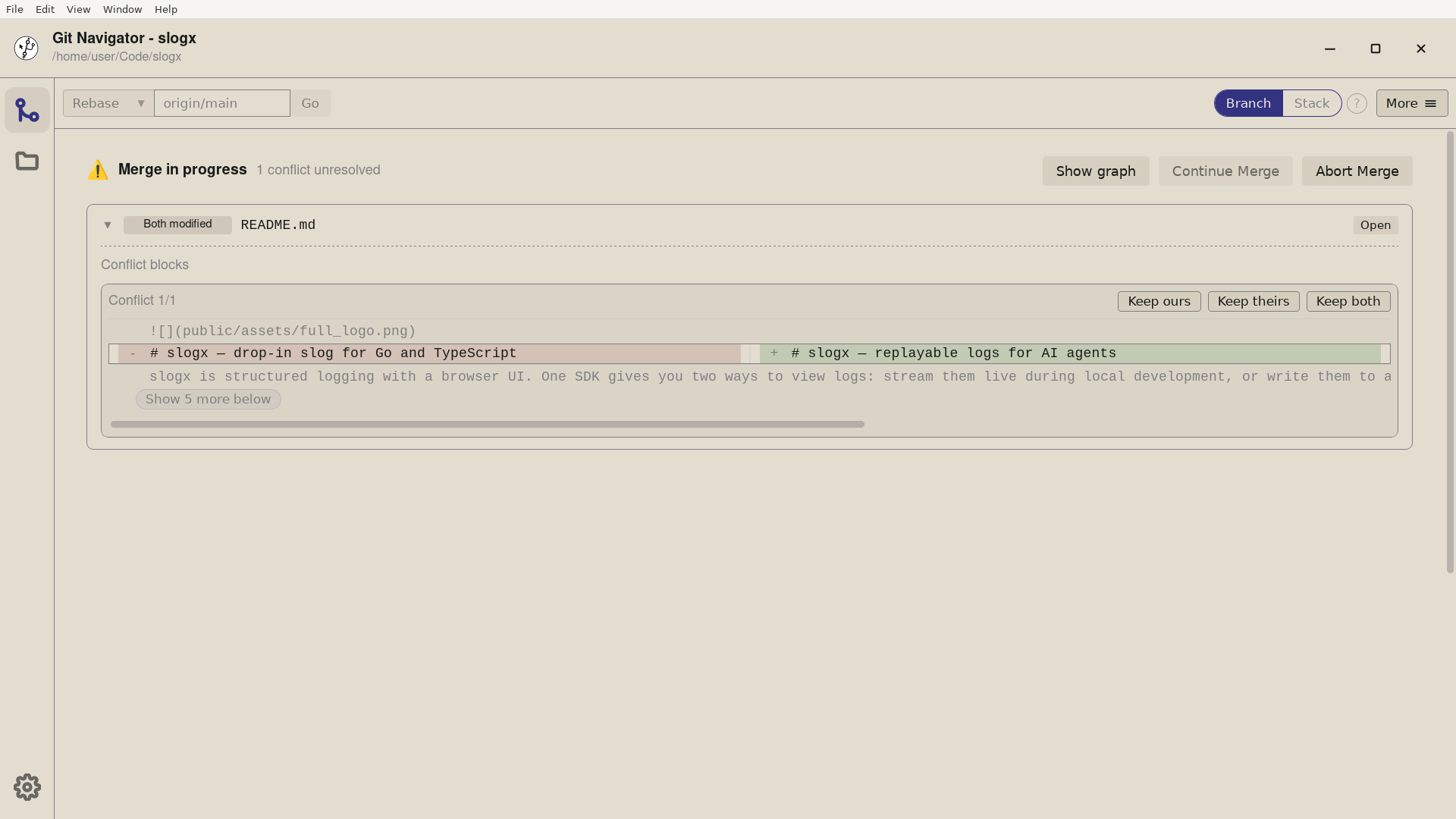 Git Navigator showing the conflict banner with a list of conflicted files after a paused merge