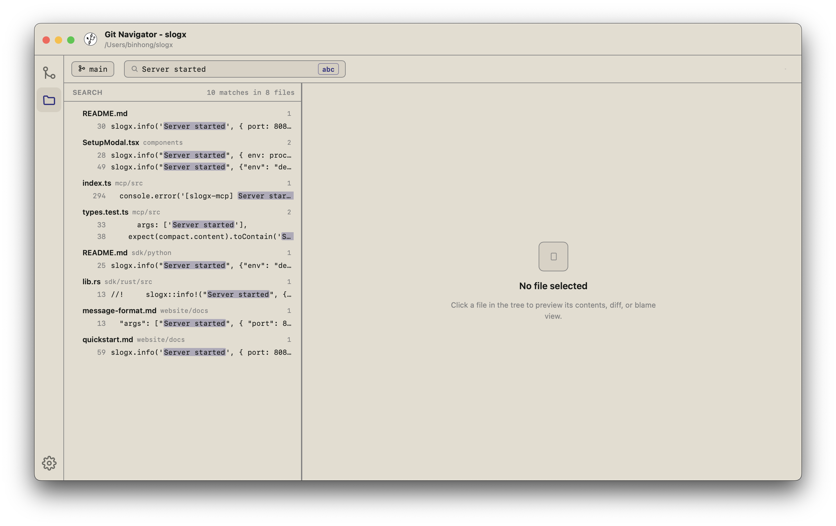 Git Navigator desktop content search