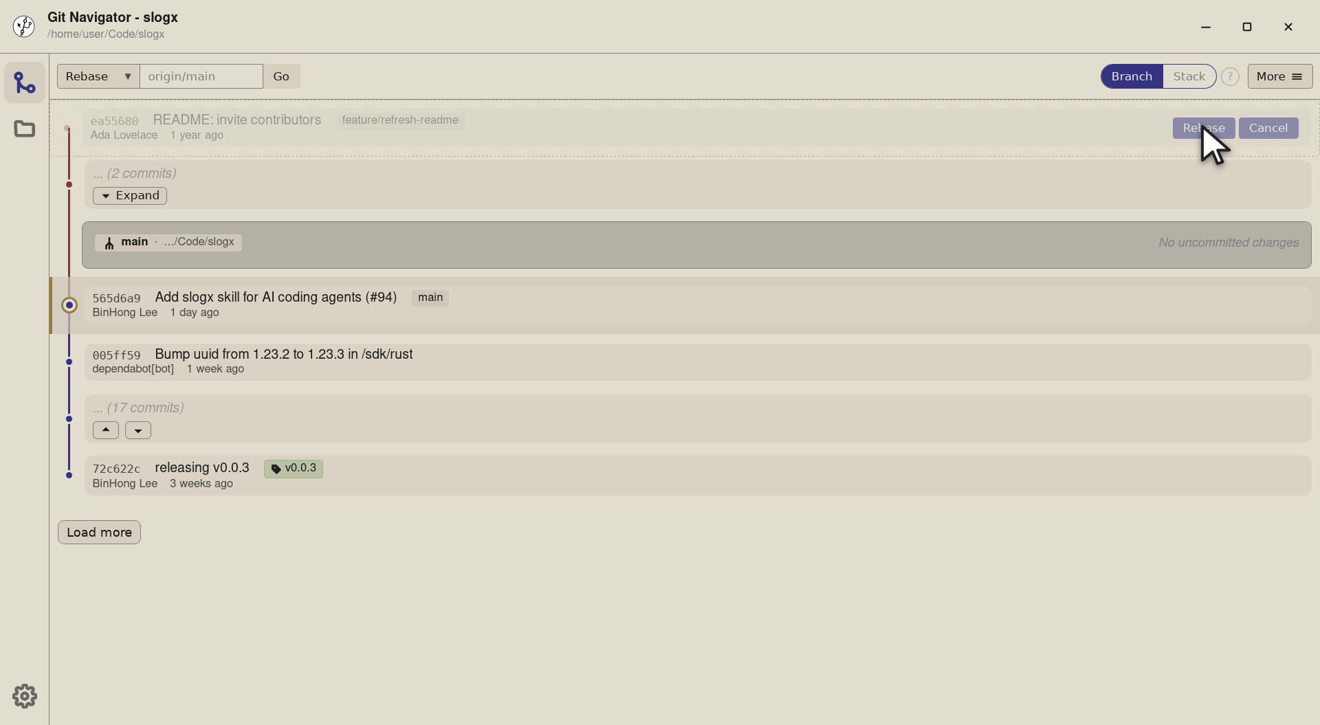 Step 4 — Confirm to land the branch on its new base, or cancel and the feature branch snaps back to where it started.