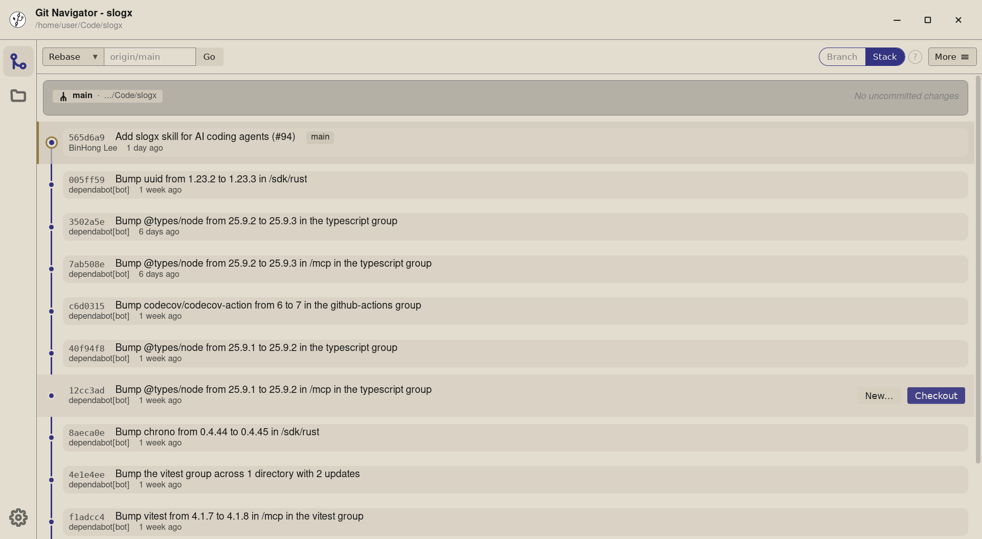 Git Navigator showing the commit graph before a drag-and-drop rebase in stack mode