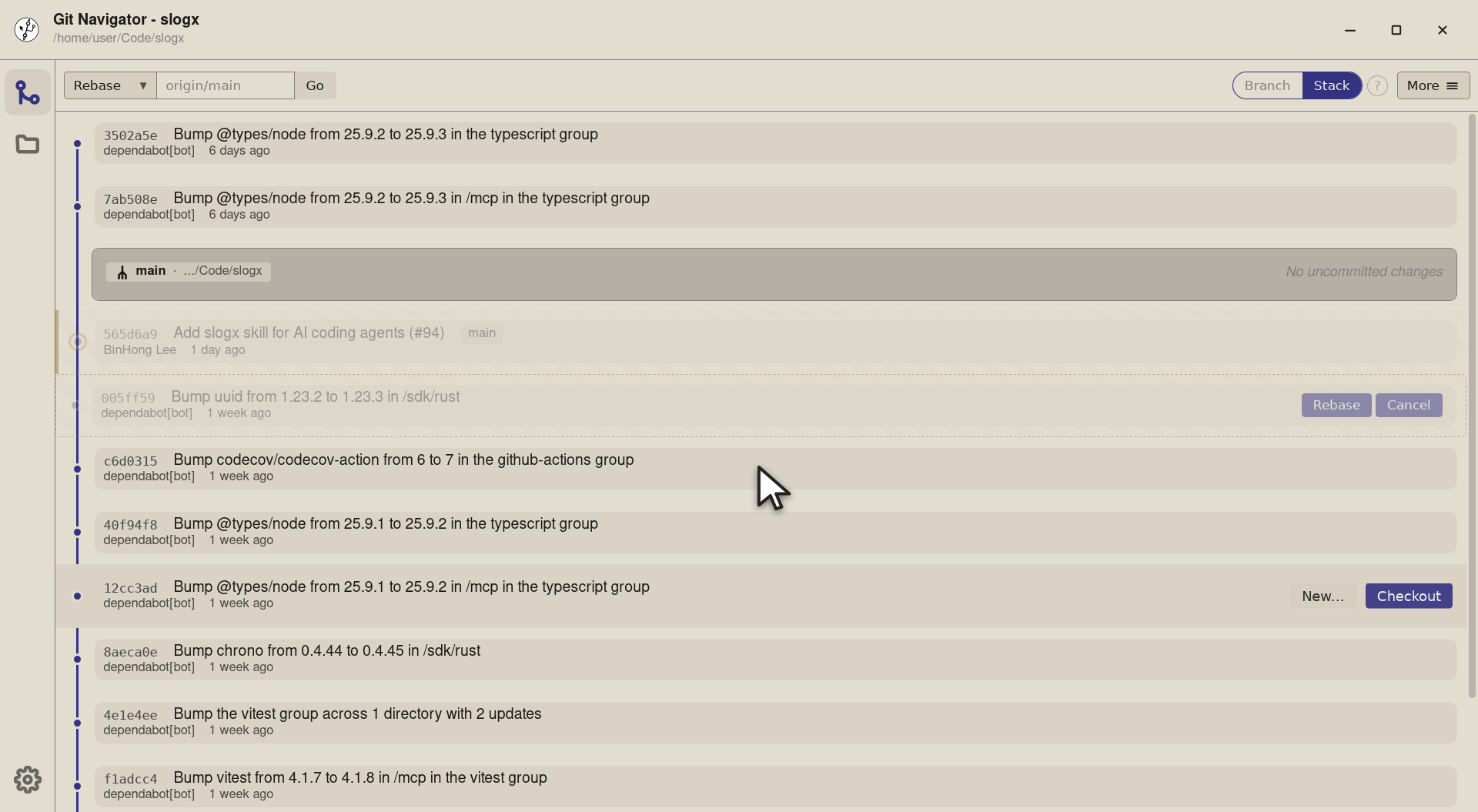 Step 3 — Drag it onto its new parent. In stack mode the dragged commit takes its descendants along — every affected row is re-dra