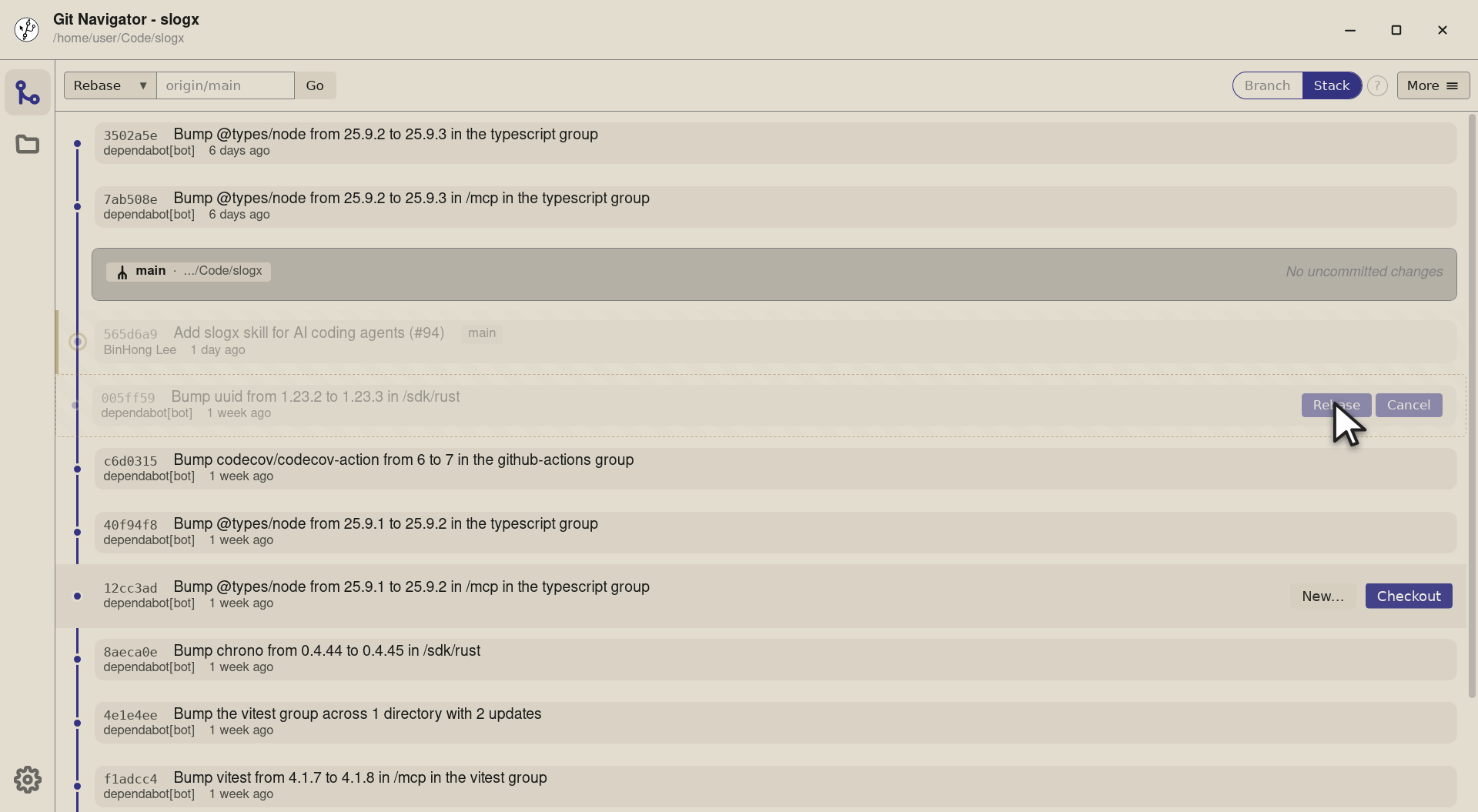 Step 4 — Review the preview. Rebase applies it; Cancel restores the original topology and nothing touches the repo.