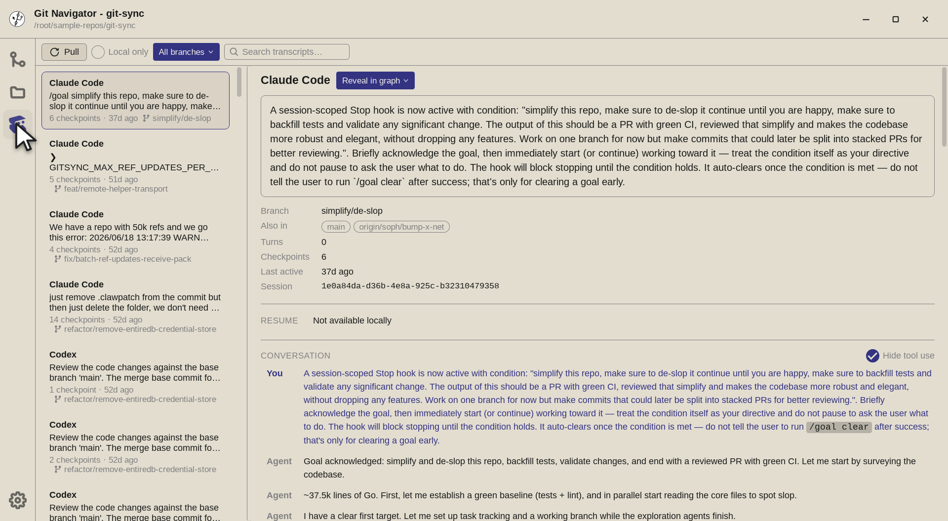 Git Navigator's Entire activity: a list of agent sessions, a session's branch attribution, and its conversation timeline