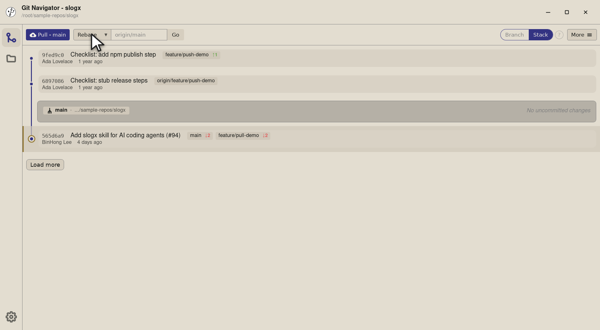Step 1 — To switch what Go means, open the action dropdown. Three rows — Rebase (the default), Checkout, and Fetch only — each pi