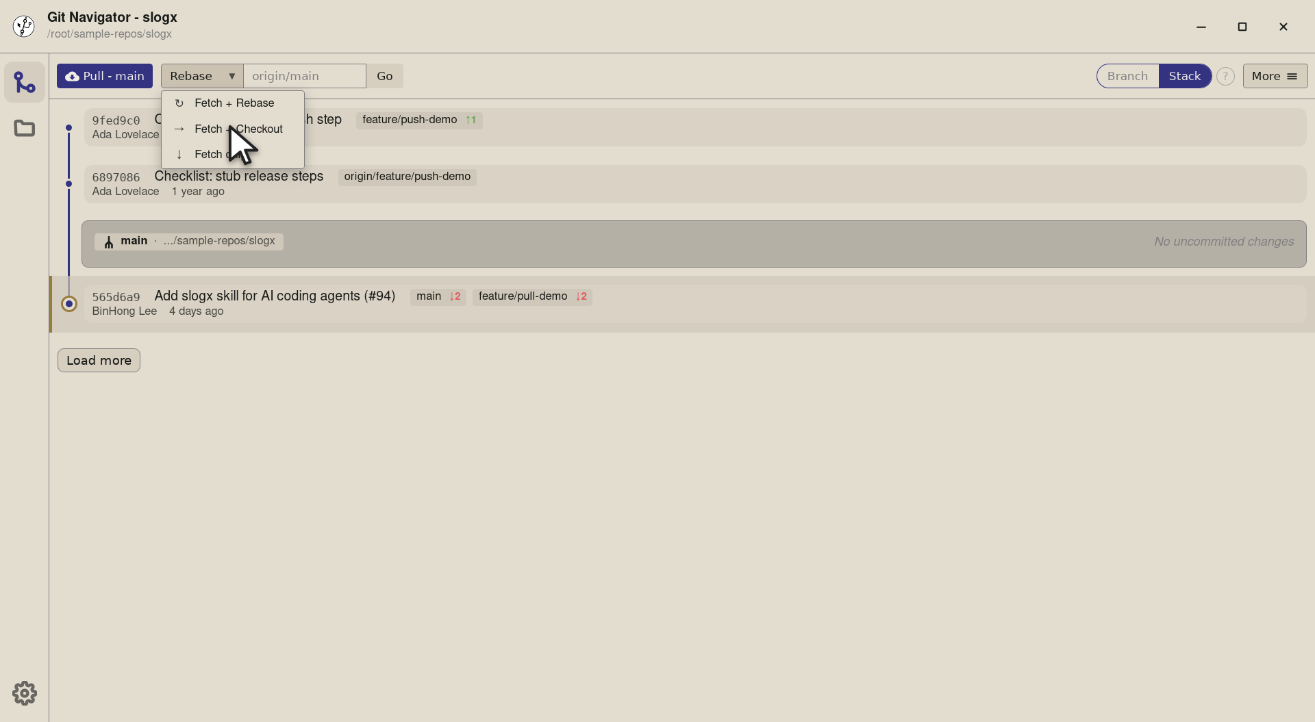 Step 2 — Fetch + Checkout brings in a remote branch and checks it out as a new local branch tracking the upstream — perfect for p