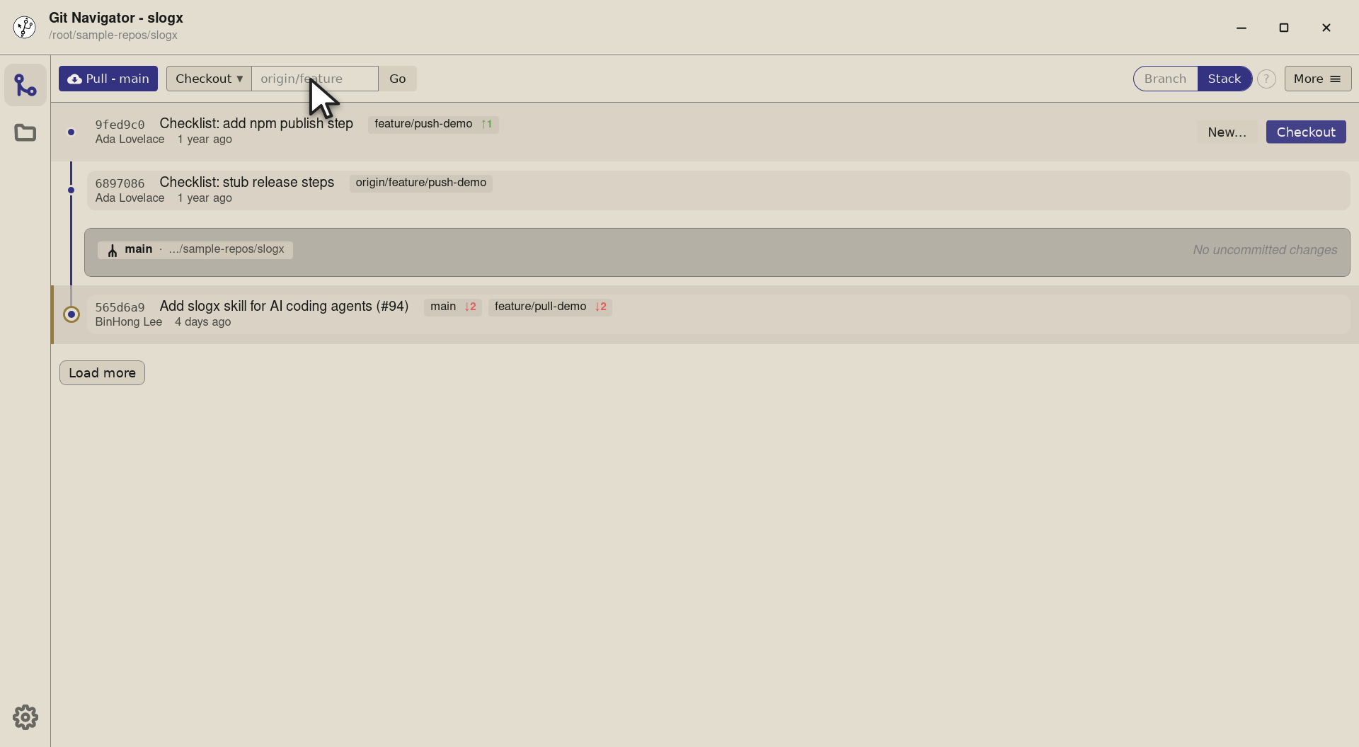 Step 3 — The label flips to Checkout and the input's placeholder updates to origin/feature as a hint — same field, different sema