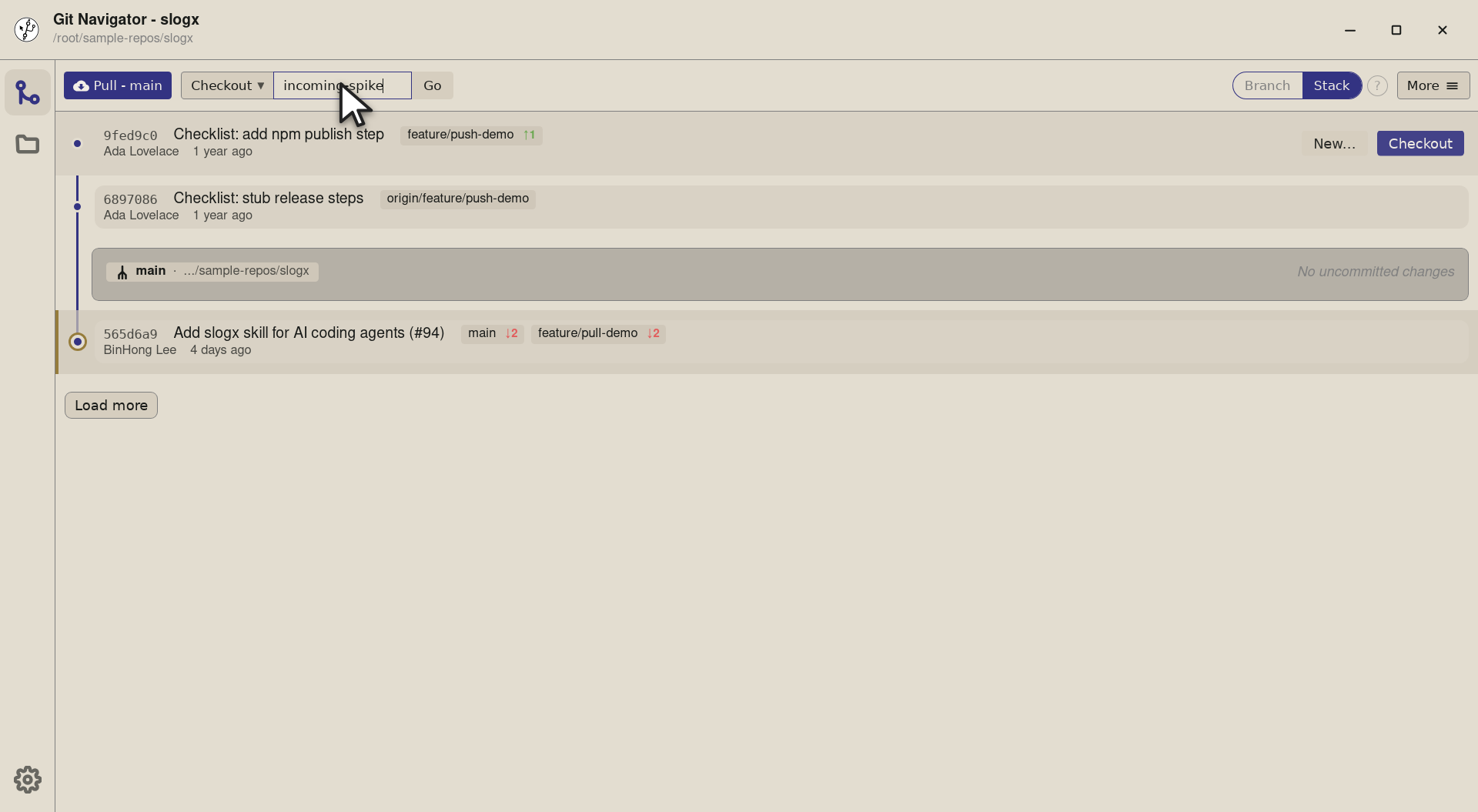 Step 4 — Type the branch name to land on — here incoming-spike, a teammate's spike branch that only exists on origin. The clean f