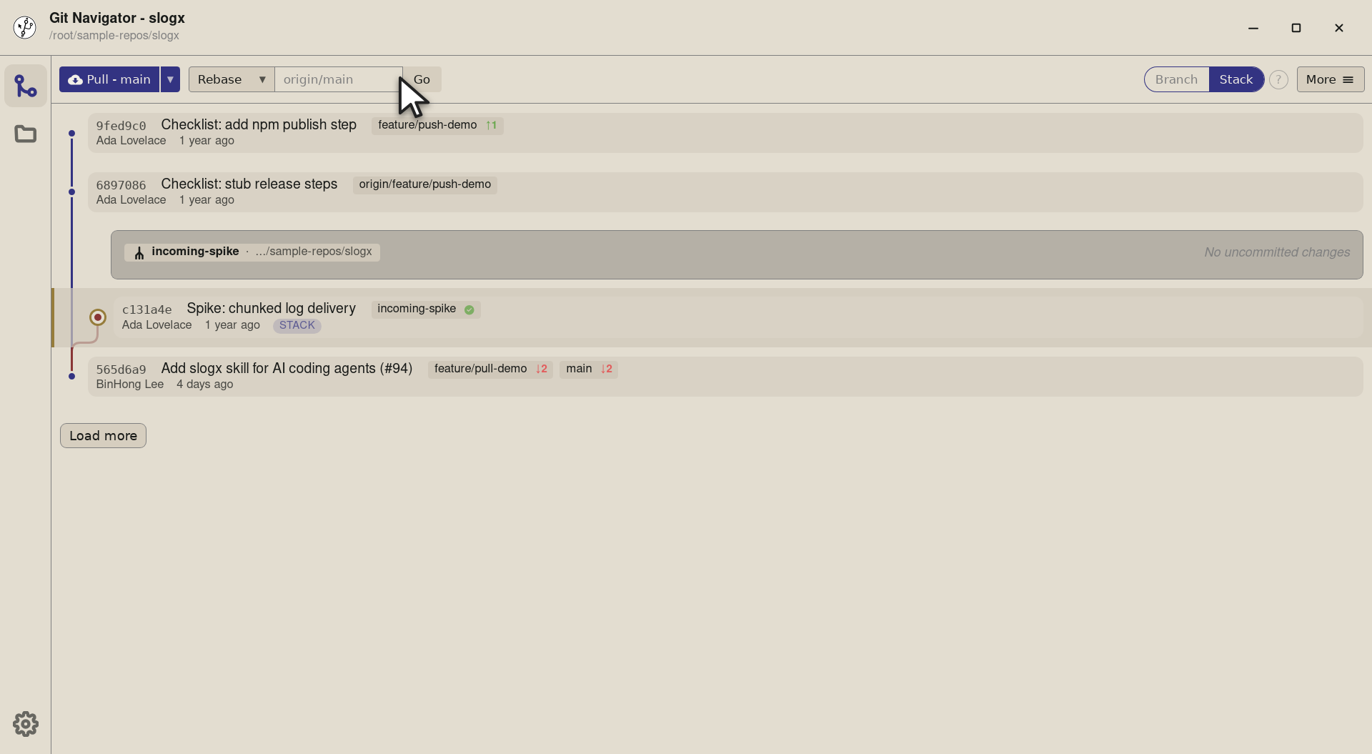 Step 5 — Go runs git fetch origin then checks out feature/incoming-spike as a new local branch tracking origin/feature/incoming-s