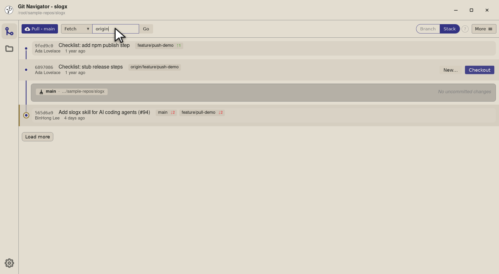 Step 3 — Type the remote and Go runs a plain git fetch origin. The remote refs update in the graph — origin/* badges shift to the