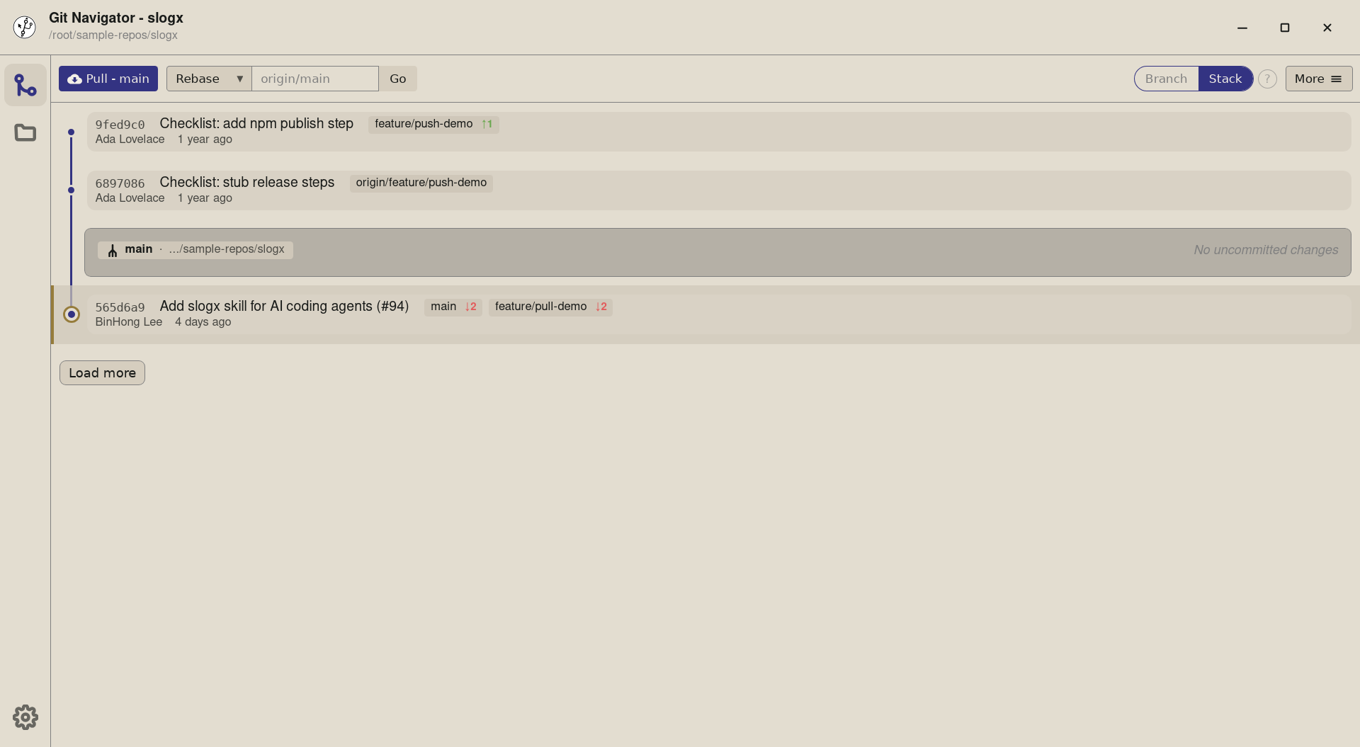 Git Navigator showing the fetch dropdown action picker, ref input, and Go button at the top of the commit graph