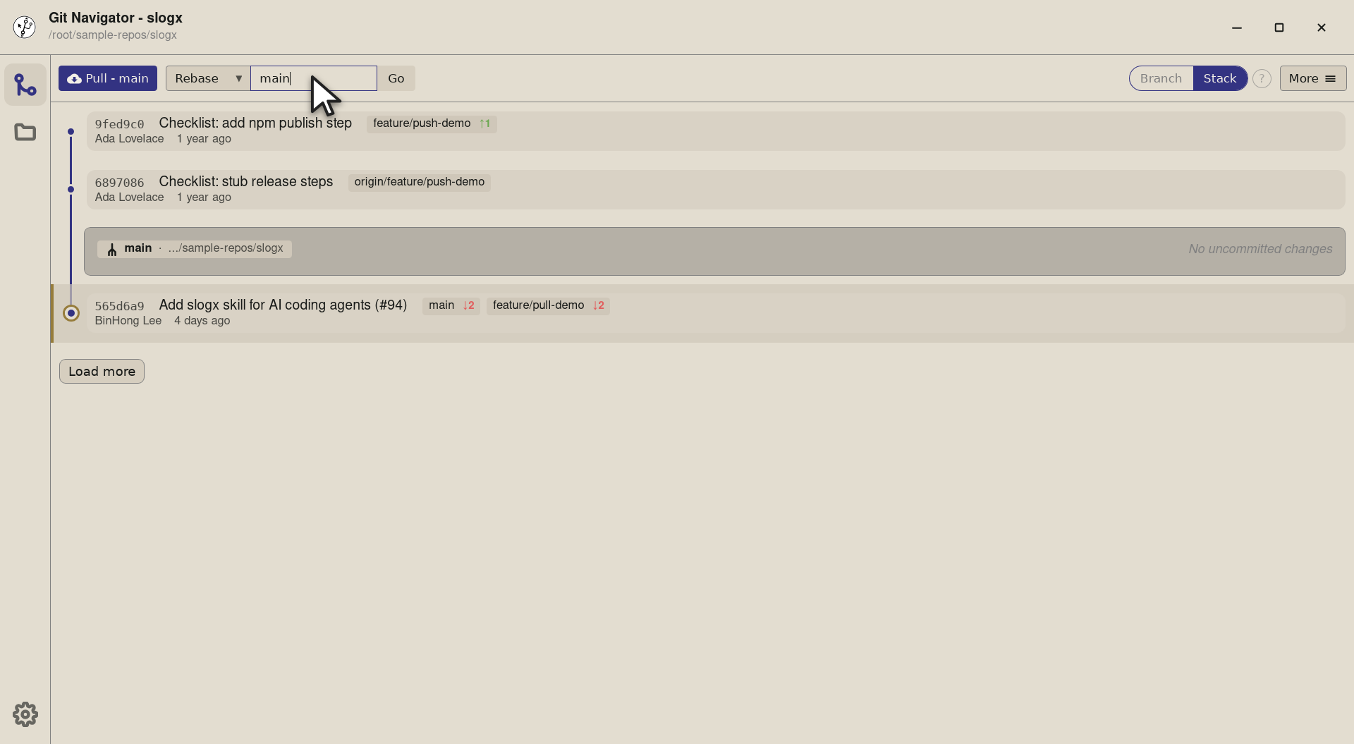 Step 2 — Type the branch name you want to rebase onto — here main to bring the current branch up to date with the remote's defaul