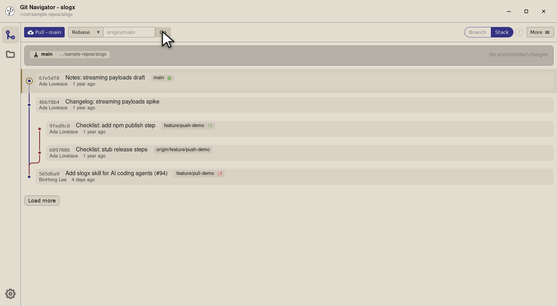 Step 3 — Hit Go and Git Navigator runs git fetch origin then git rebase origin/main on the current branch. The graph re-renders w