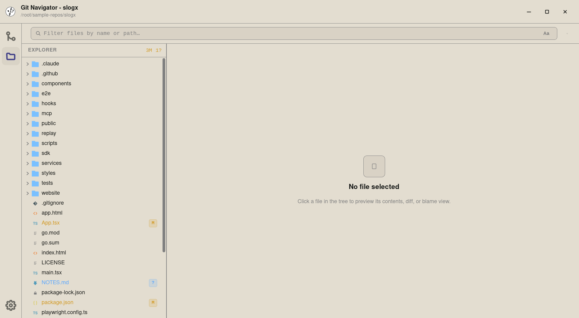 Git Navigator File Explorer showing a worktree-scoped tree with status badges on modified files