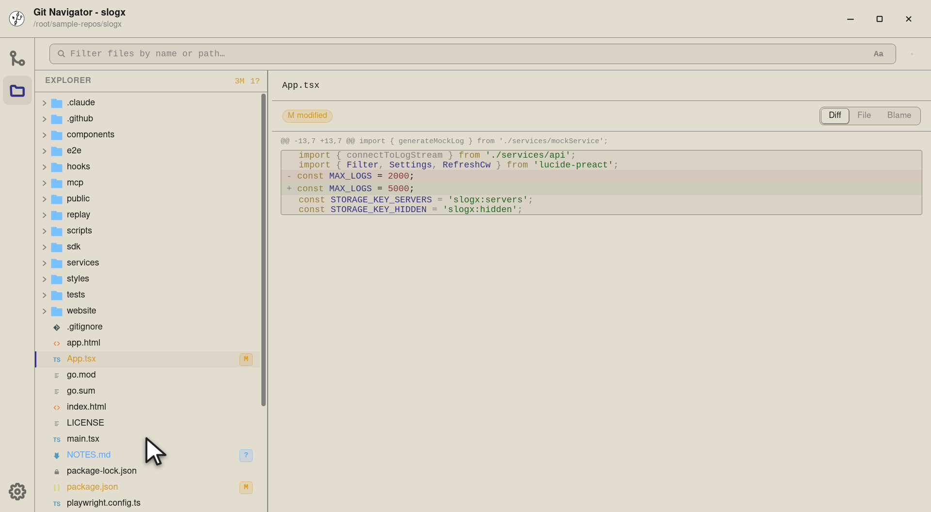 Step 4 — A clean code file — no badge. Selecting one of these jumps the preview pane into a CodeMirror file view instead of a dif