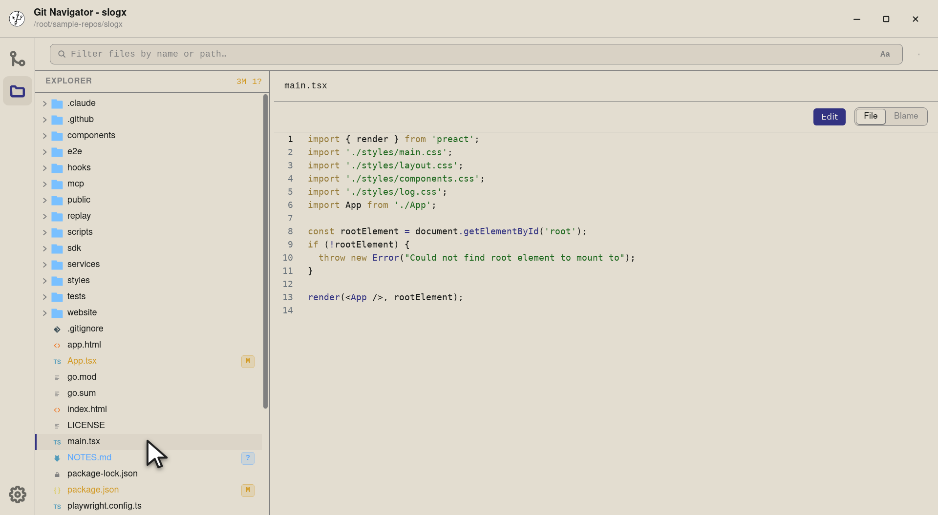 Step 5 — Code renders with project-appropriate syntax highlighting, line numbers, and live reflow when the tree pane is resized. 