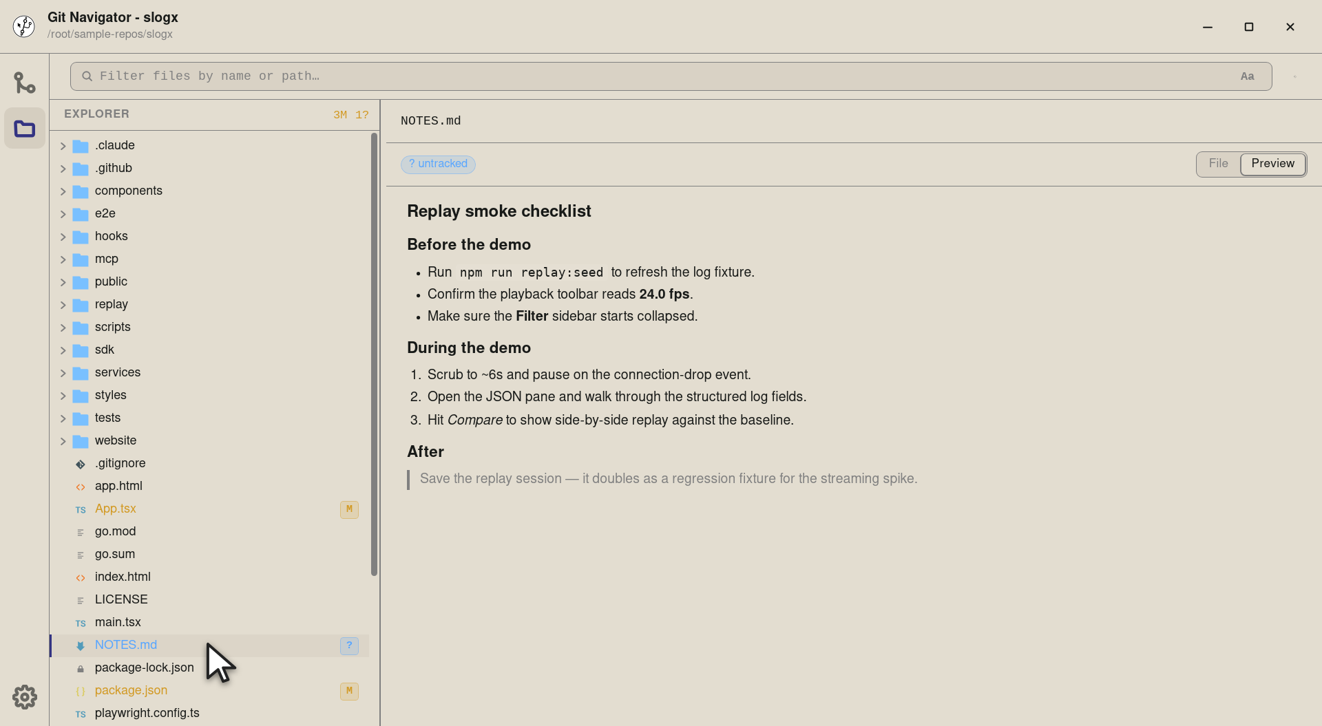 Step 6 — Markdown and HTML files open straight into a rendered Preview by default — headings, lists, blockquotes, inline code, ev