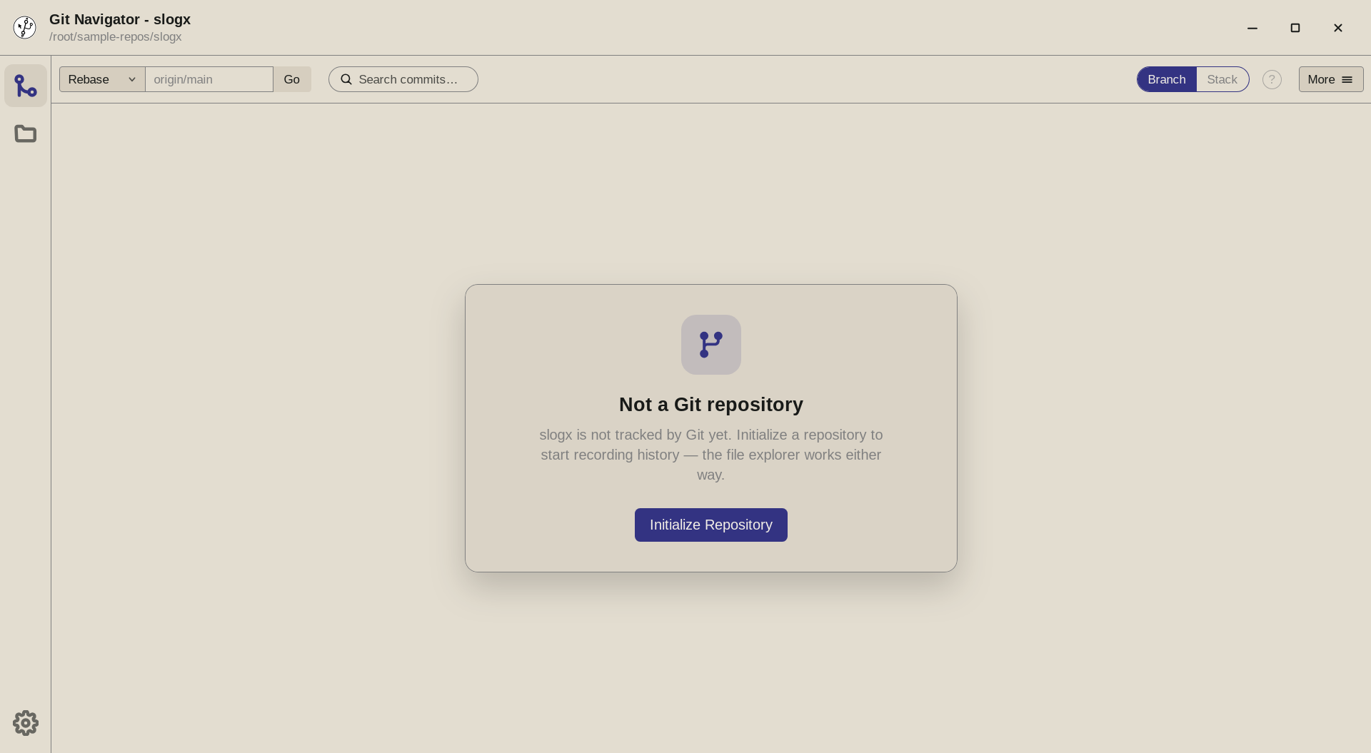 Git Navigator open on a non-git directory, offering to initialize a repository