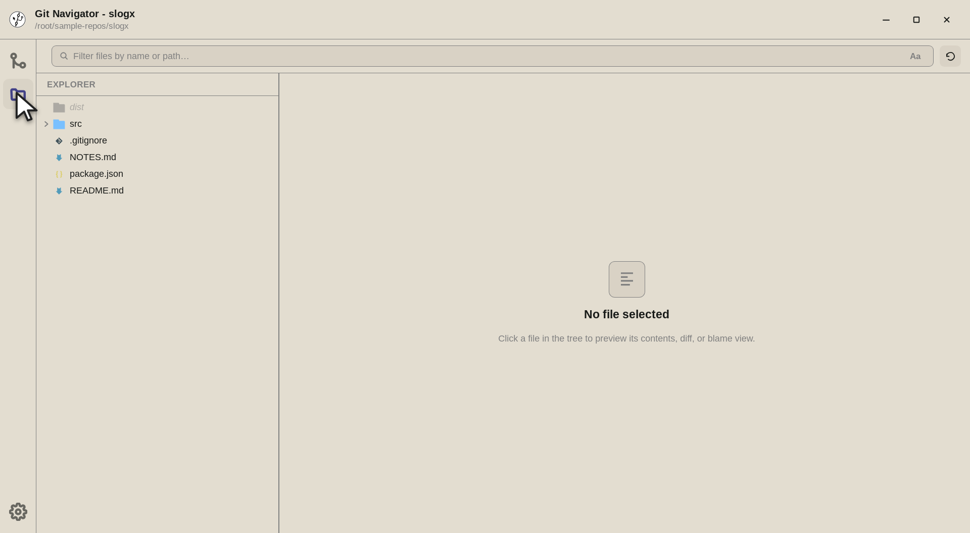 Step 2 — Switch to the Files activity and the folder is fully browsable. The tree walks the directory with the same ignore rules 