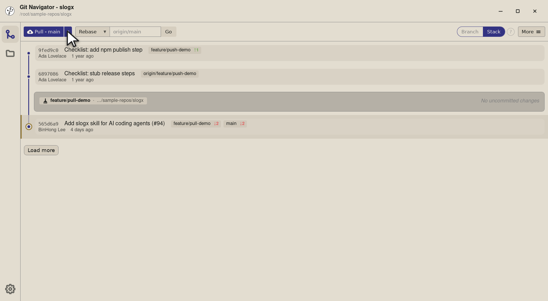 Step 1 — To switch strategies, open the dropdown next to the pull button. The chevron appears whenever you're on a non-default br