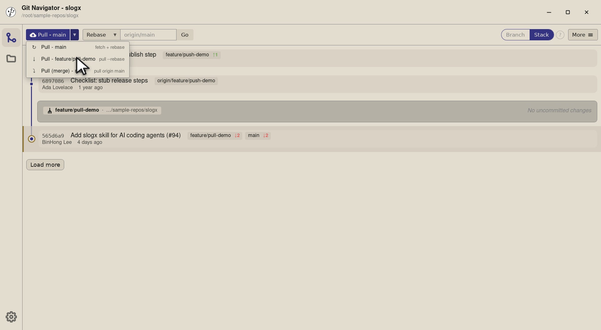 Step 2 — The middle row — Pull - feature/pull-demo — runs git pull --rebase against the current branch's own upstream. Use this w