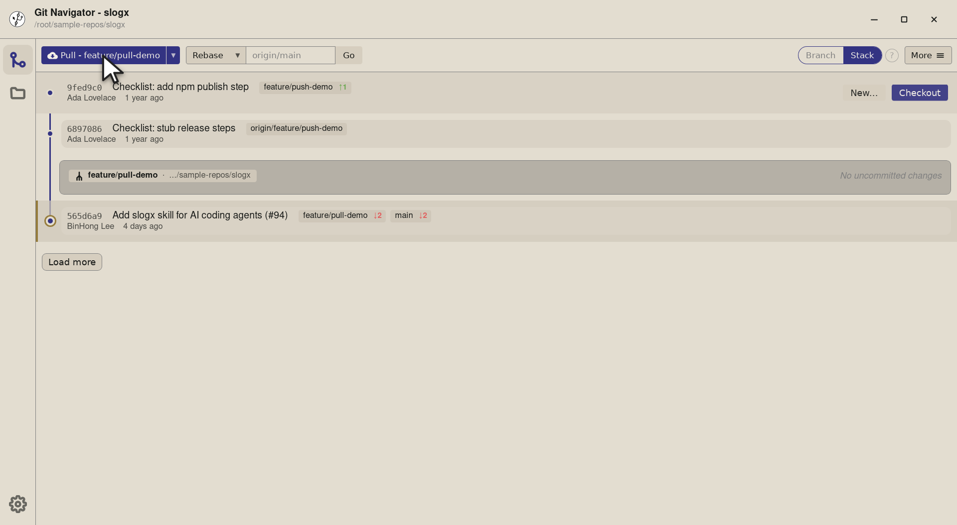 Step 3 — Picking a row updates the main button's label and target — it doesn't pull yet. The label now reads Pull - feature/pull-