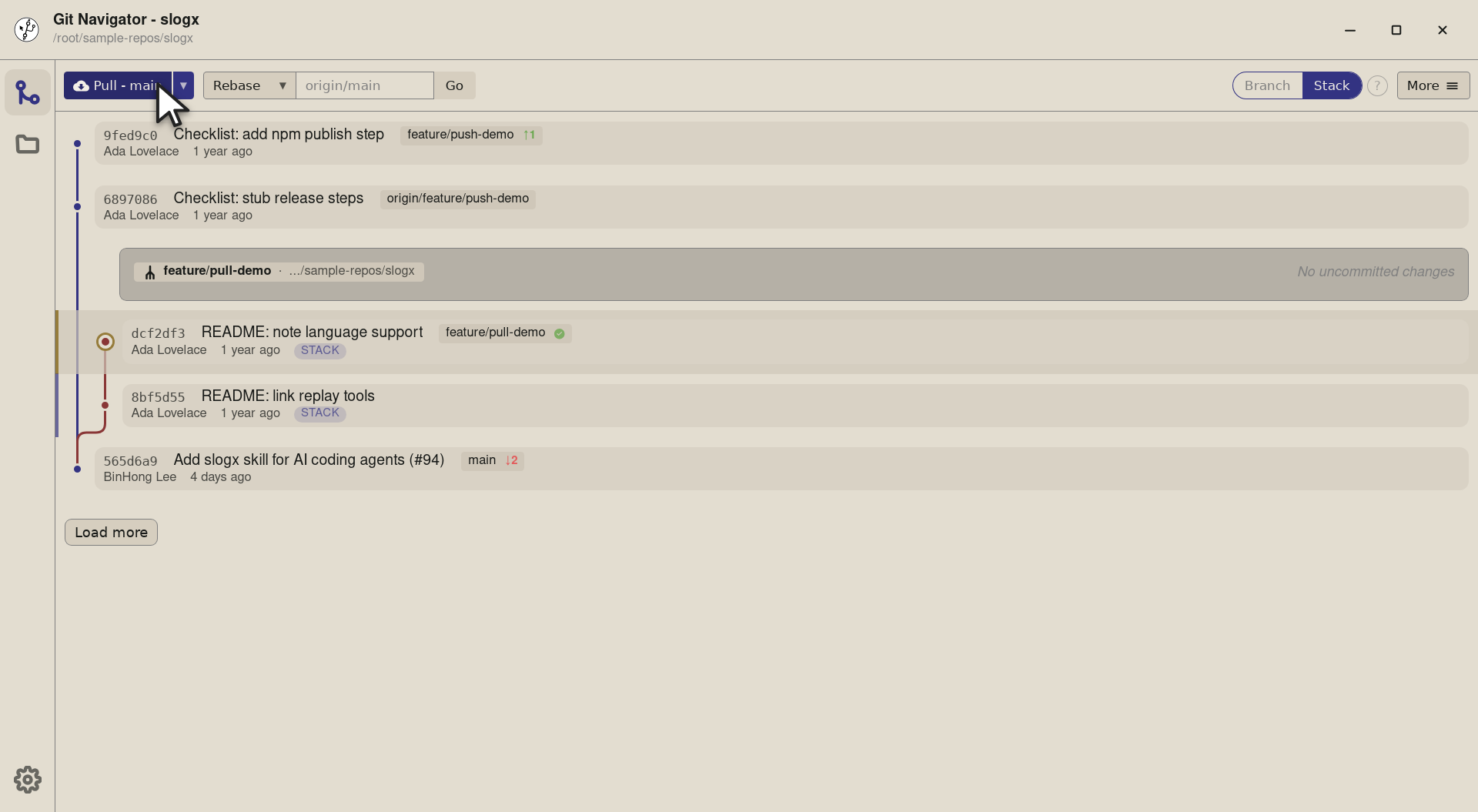 Step 4 — The actual pull: git pull --rebase on the current branch's upstream. The graph fast-forwards (or rebases) onto the new t