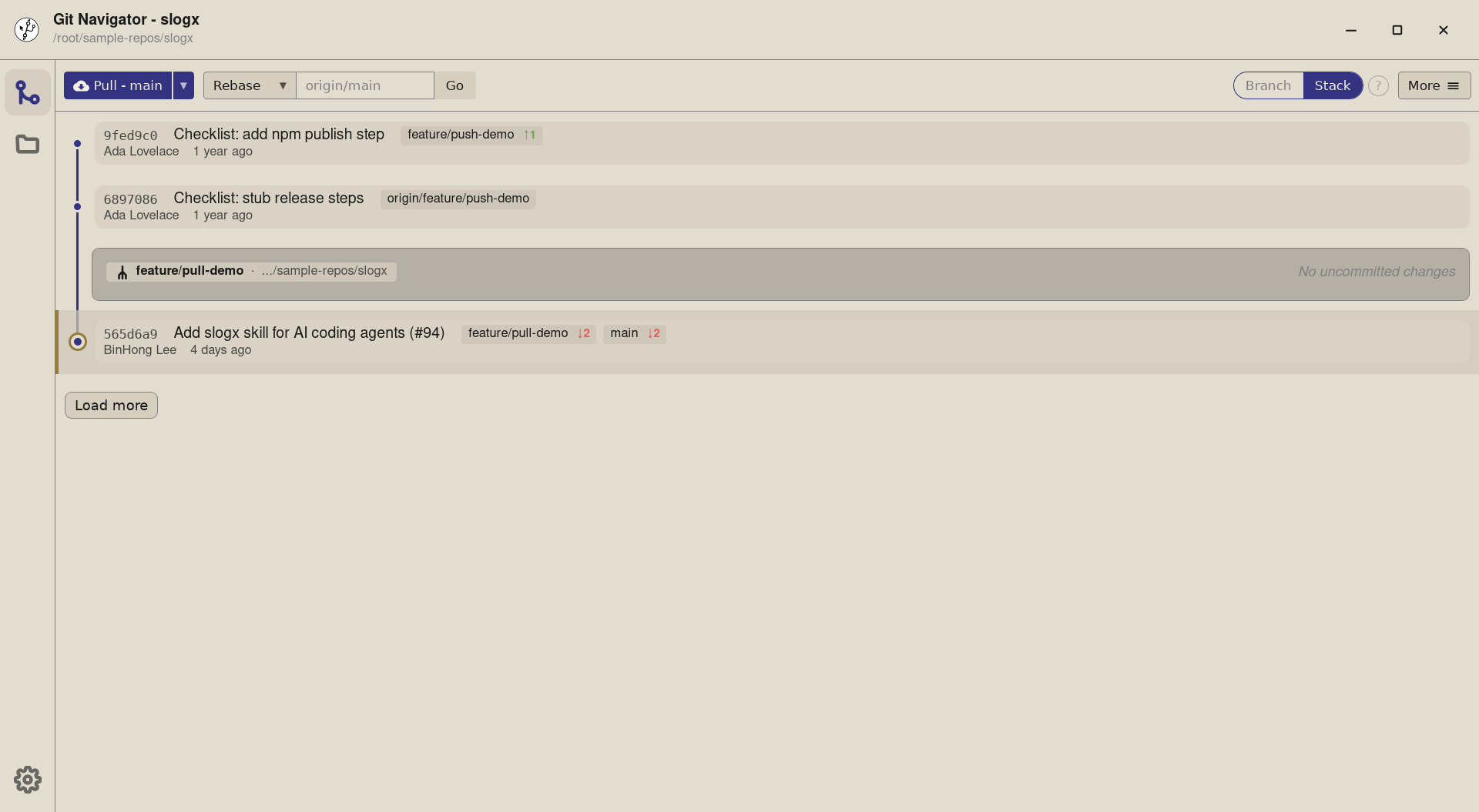 Git Navigator showing the pull split button at the top of the commit graph, ready to rebase against the default branch