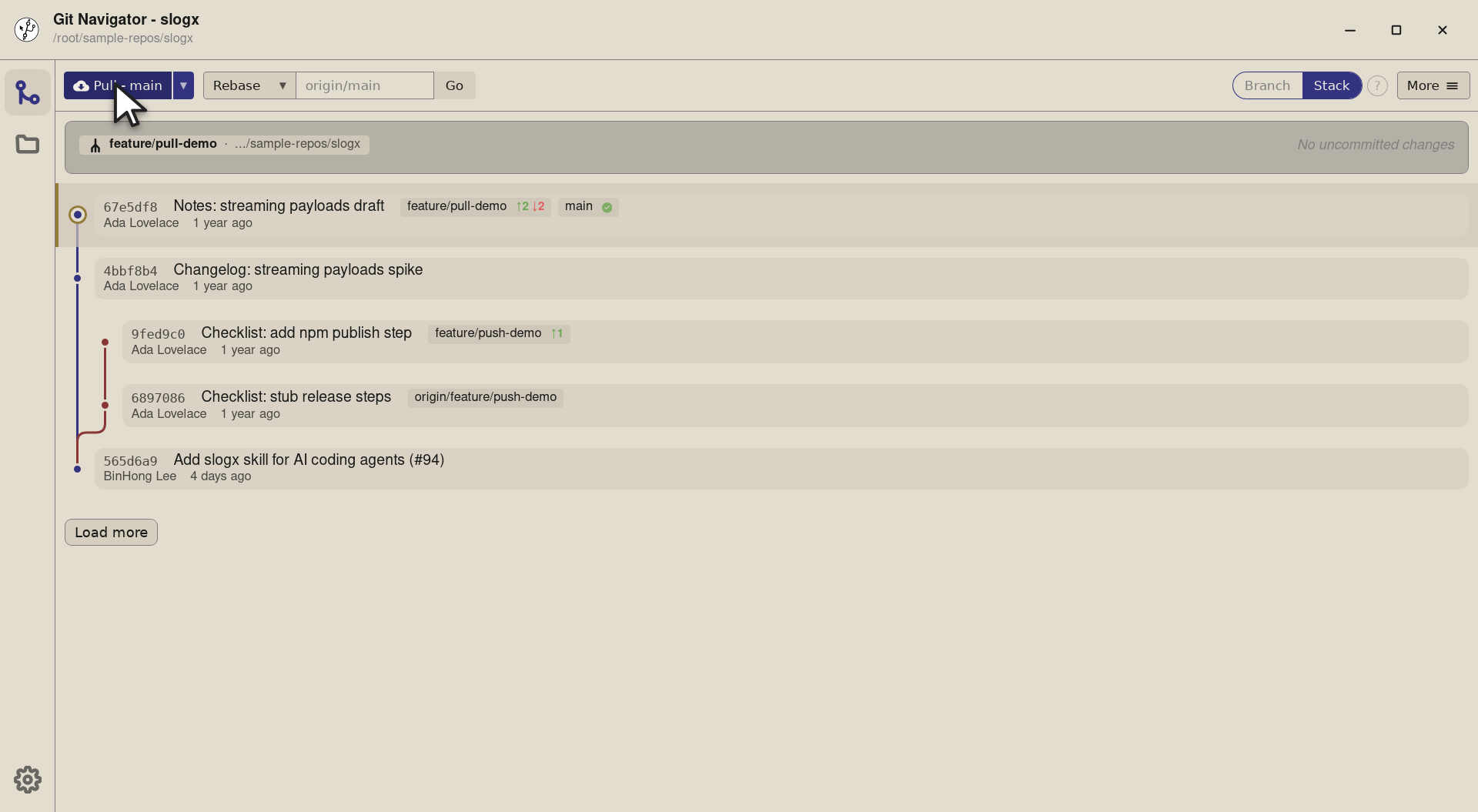 Step 3 — Git Navigator runs git fetch then git rebase origin/main — your feature branch lands on top of the latest default. The g