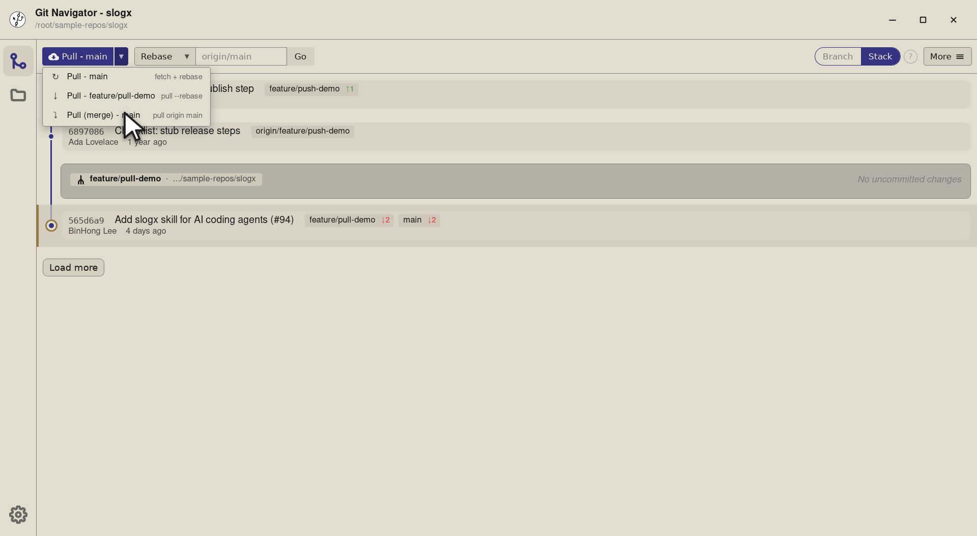 Step 1 — The third row — Pull (merge) - main — runs git pull origin main (no --rebase). Picks this when your team prefers an expl