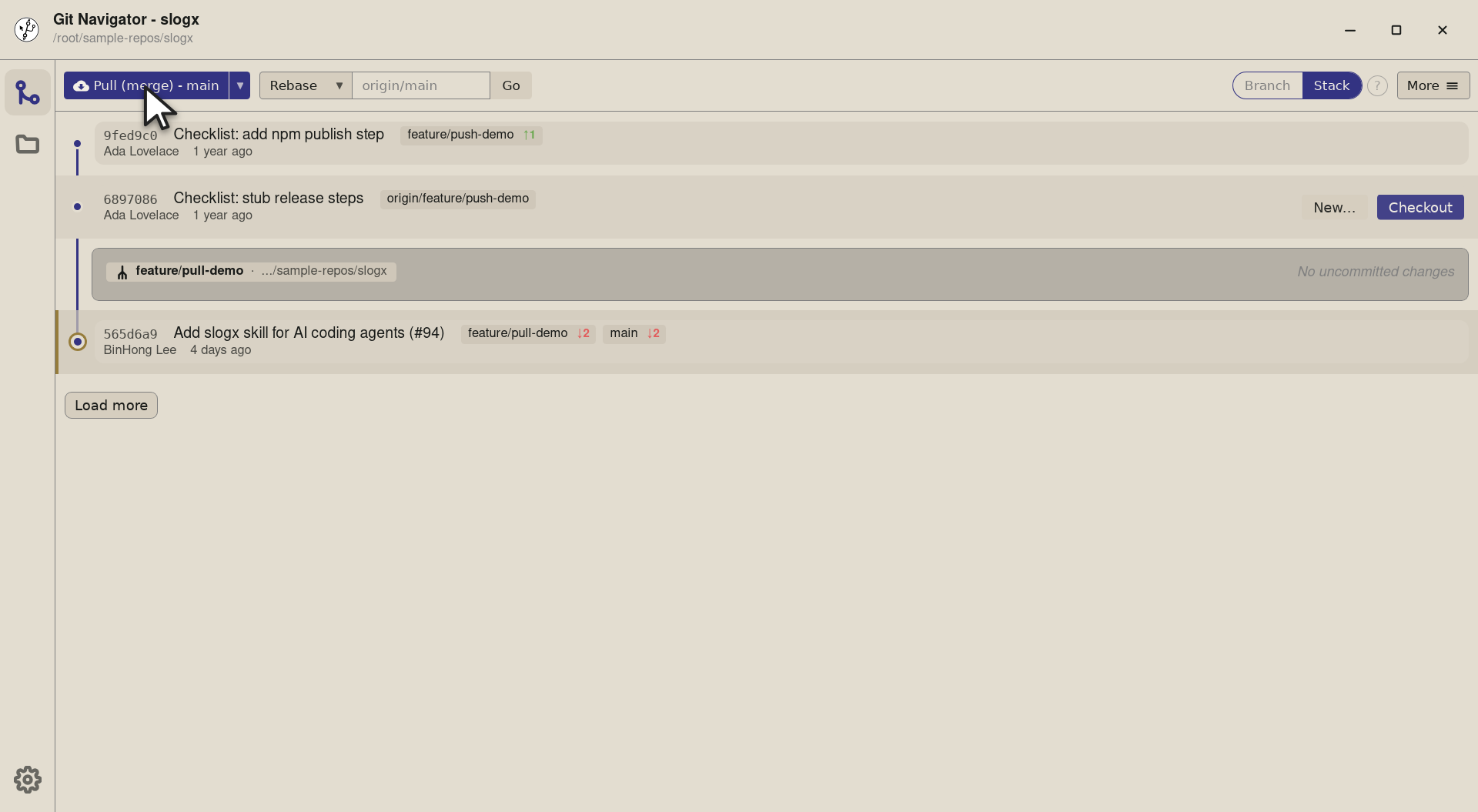 Step 2 — The button label updates to Pull (merge) - main. The dropdown closes; the strategy choice persists on the button until y