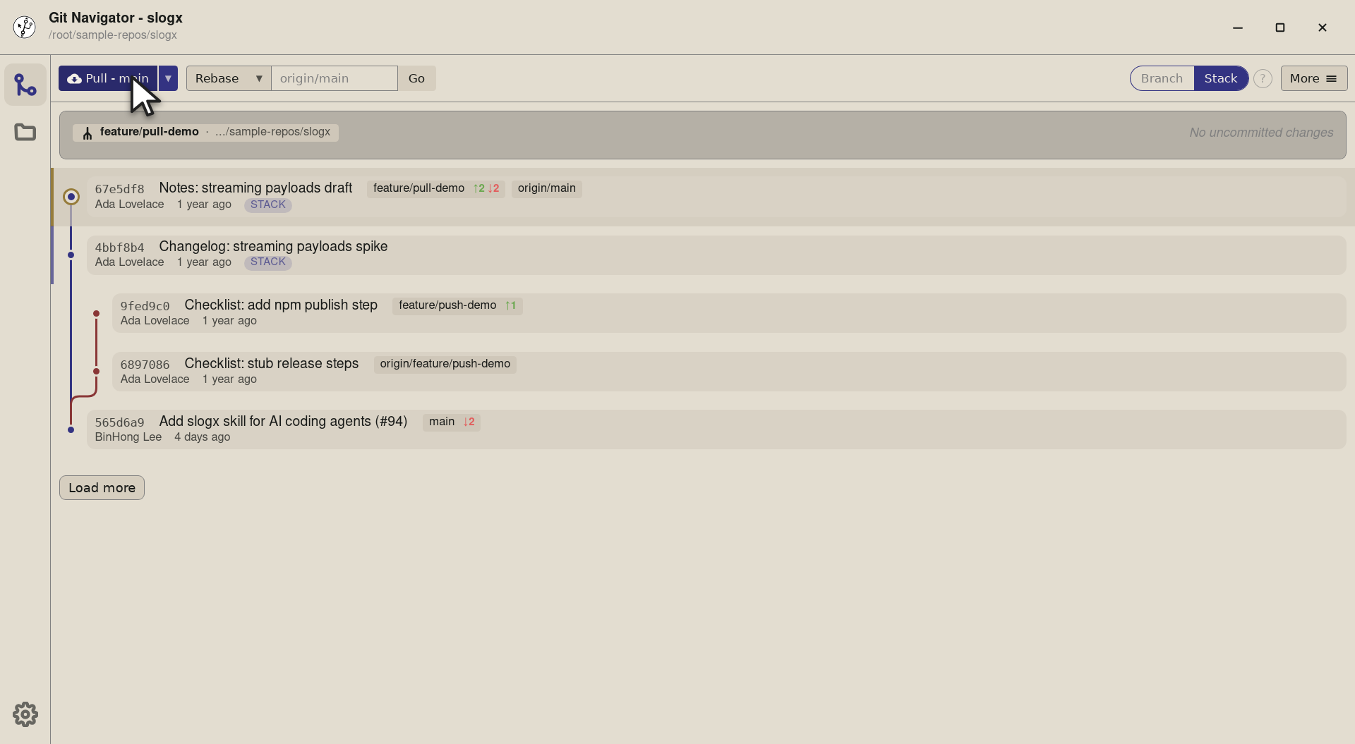 Step 3 — Click and Git Navigator runs git pull origin main. The new graph shows the merge commit explicitly — useful when reviewe
