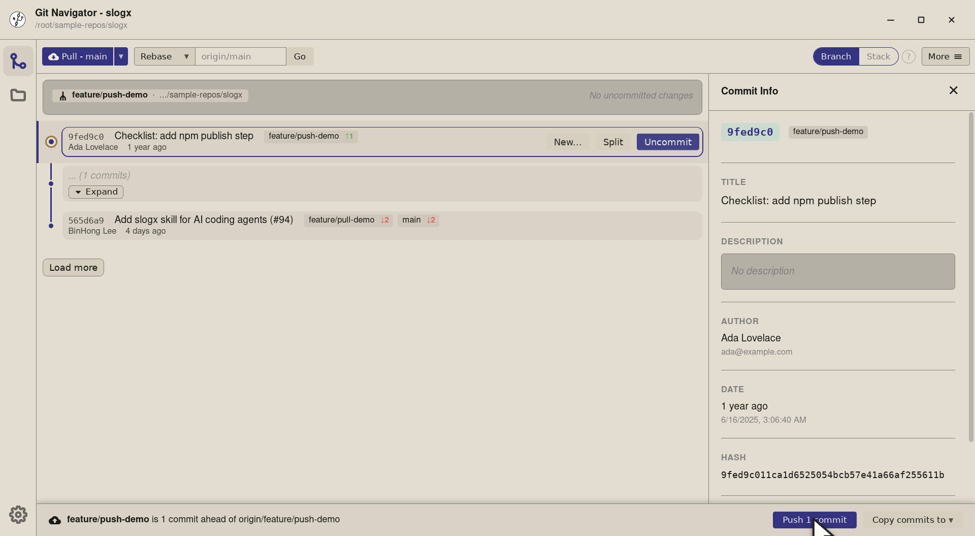 Step 2 — The button reads Push 1 commit — everything feature/push-demo has ahead of origin/feature/push-demo. There's no partial-