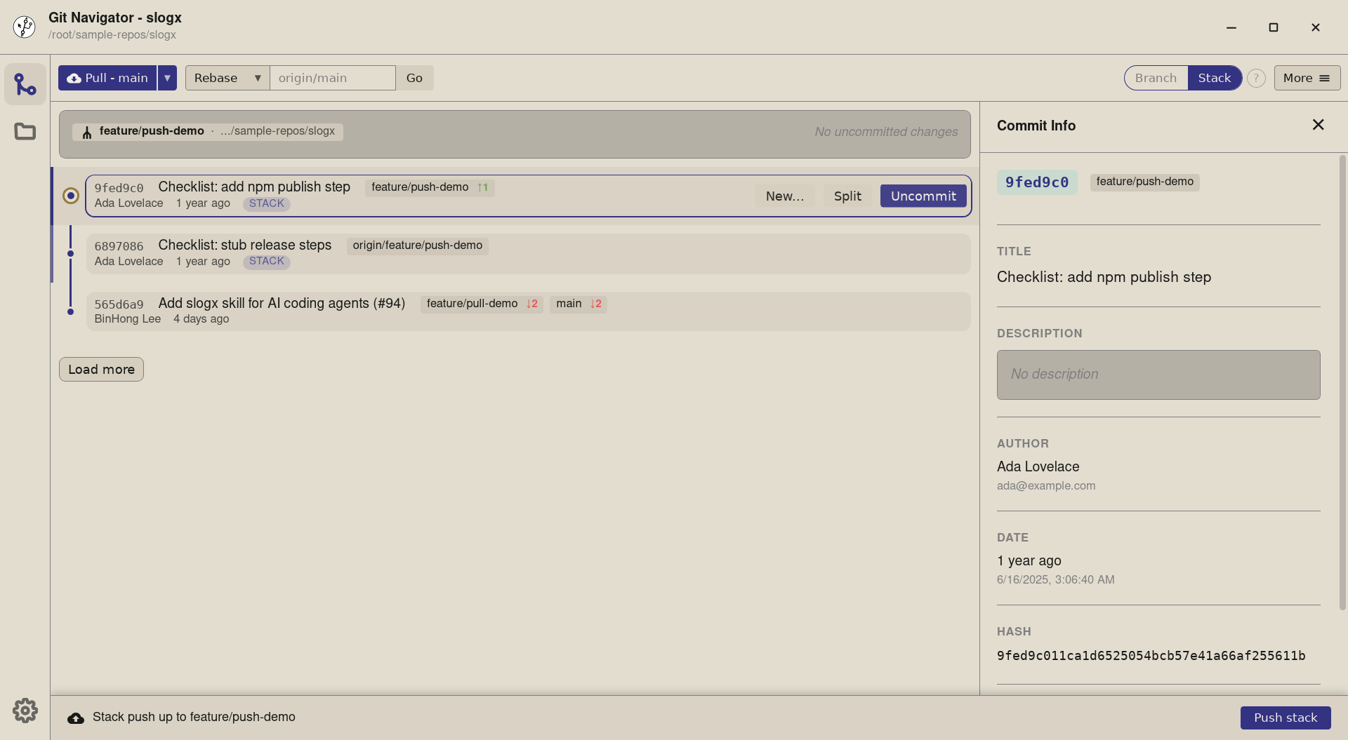 Git Navigator showing the push bar above the commit graph in stack mode, ready to push a feature branch to origin