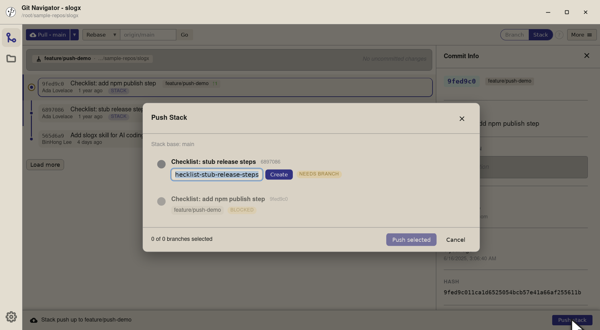 Step 3 — Click and the Push Stack dialog opens. Stack mode treats each commit as a candidate branch — name the still-anonymous co
