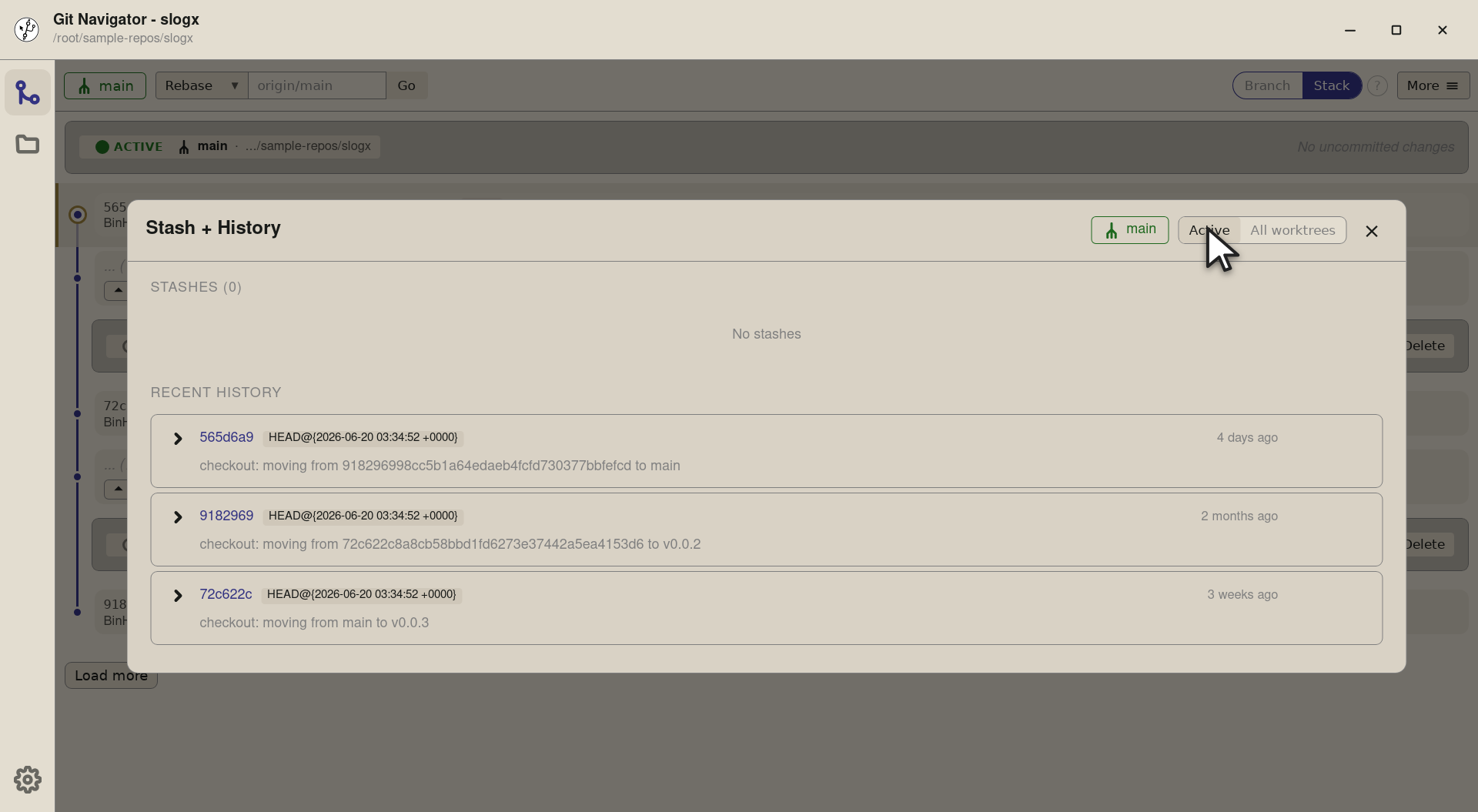 Step 2 — The scope toggle at the top of the section is a two-button tab strip — Active worktree on the left, All worktrees on the