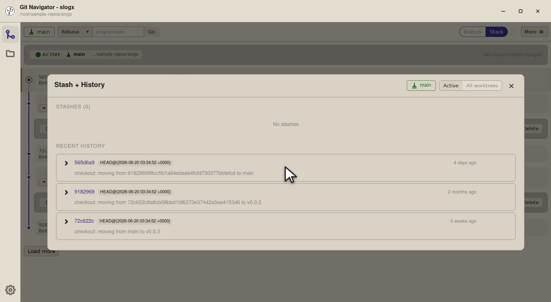 Step 3 — Each row carries the commit hash, the reflog action(s) — HEAD@{0}, HEAD@{1}, … — the reflog message, the date, and a Che
