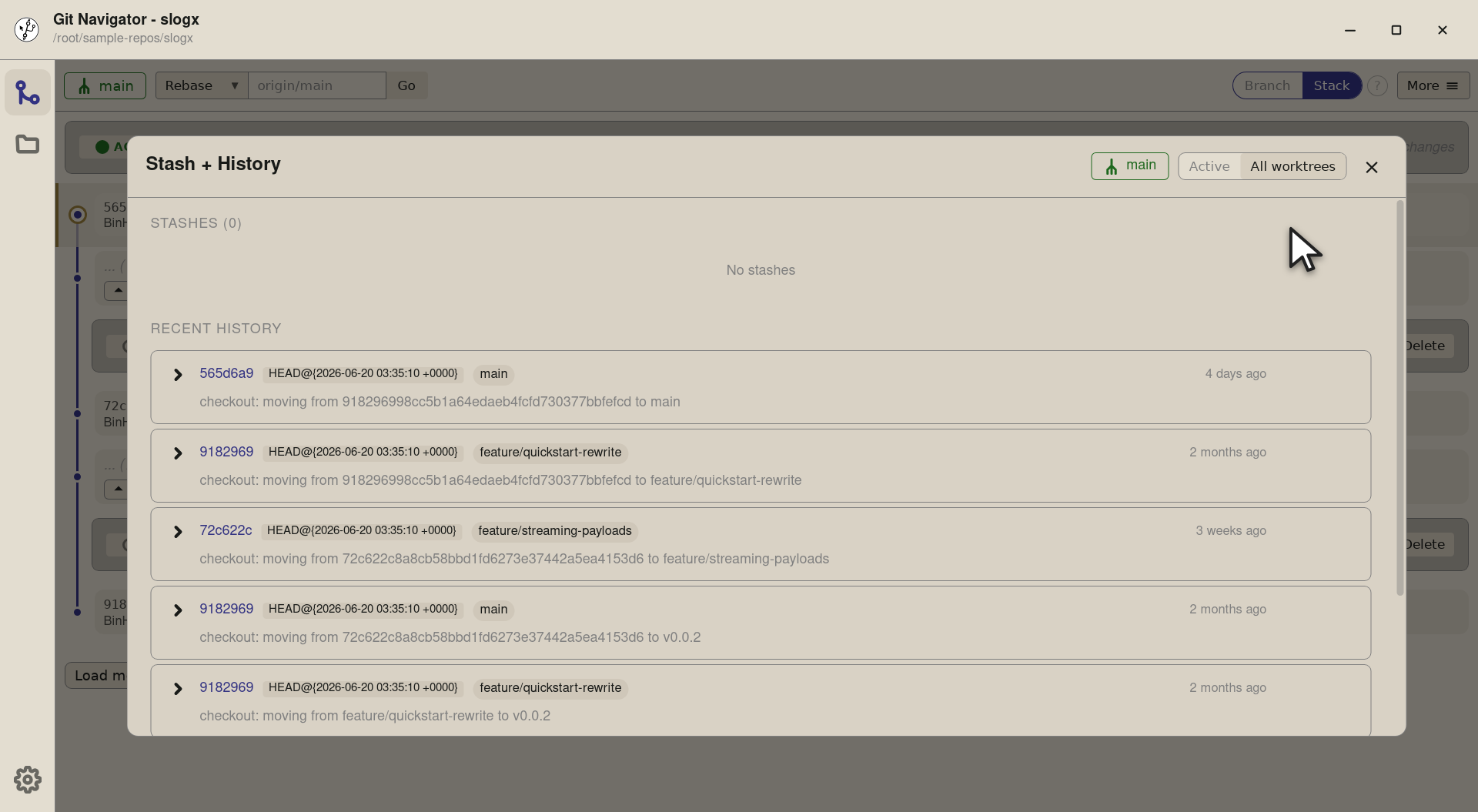 Step 2 — The list re-renders to merge every worktree's reflog into one chronological view. The slogx-streaming and slogx-quicksta