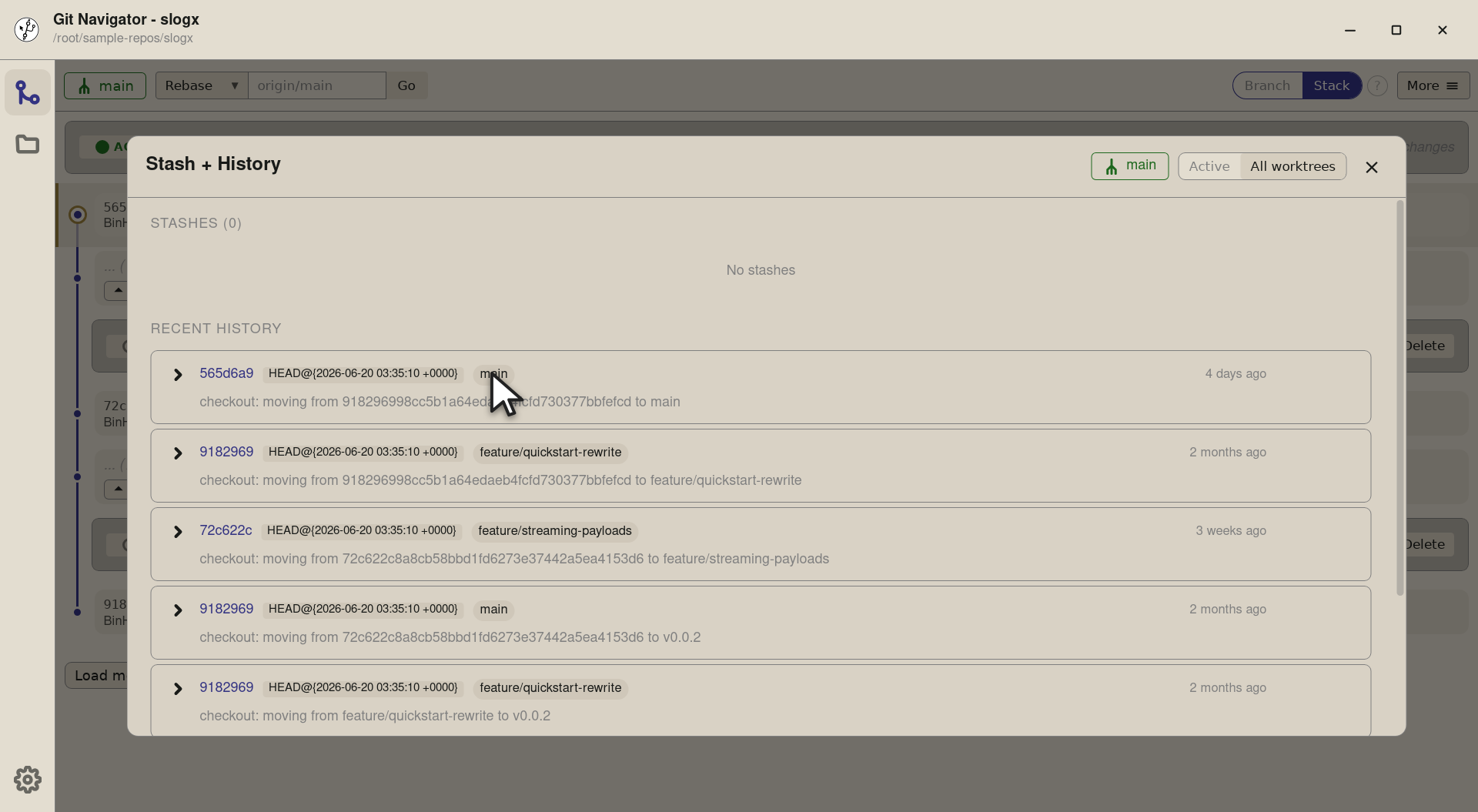 Step 3 — Each row now carries a small badge naming the worktree it came from — so the merged list stays readable and you can scan
