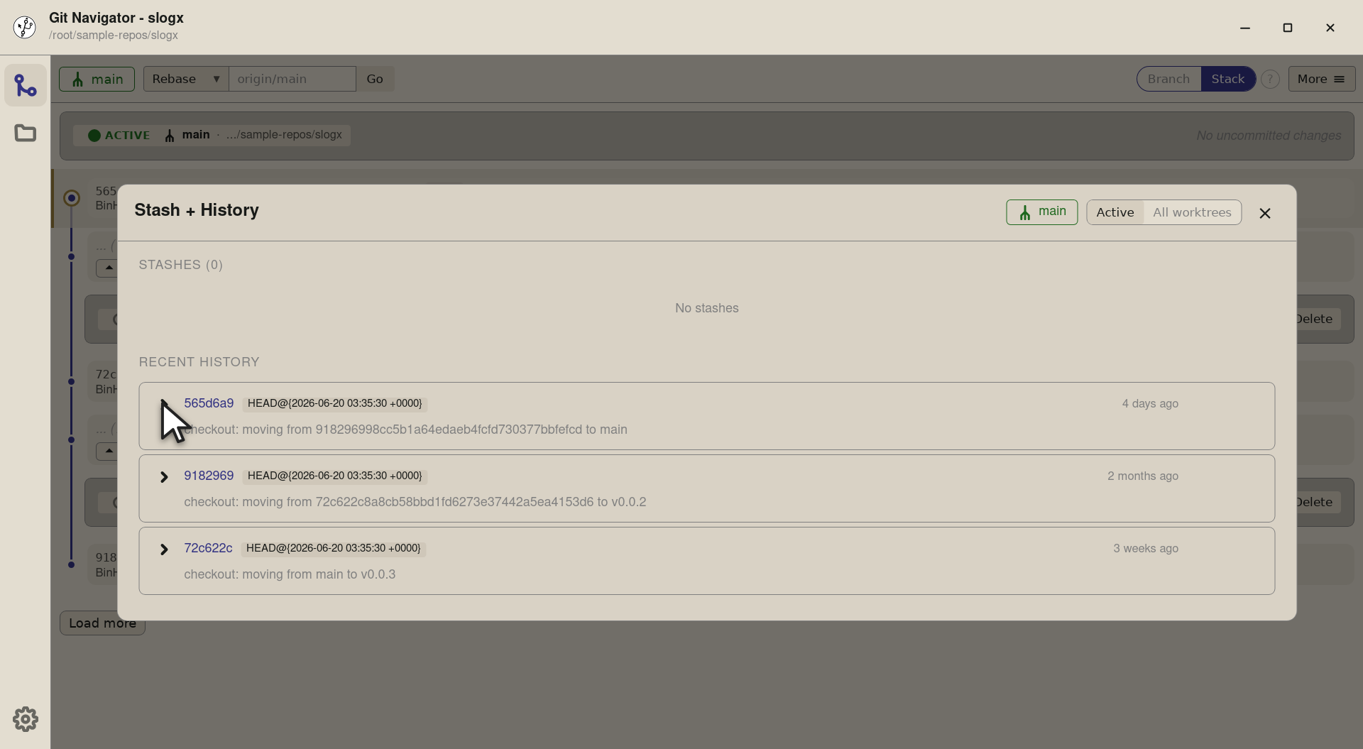 Step 1 — Every reflog row has a chevron at the left. Click it and the row expands inline — no jump to a separate view. The commit