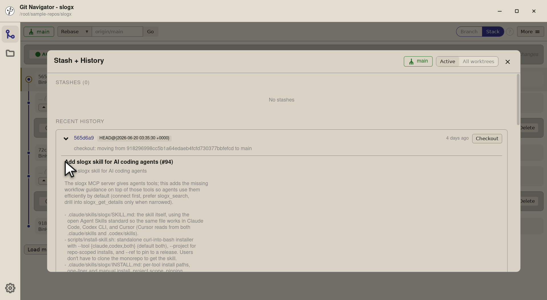 Step 2 — The expanded panel shows the commit's author, date, parents, and full message at the top, then a list of the files the c