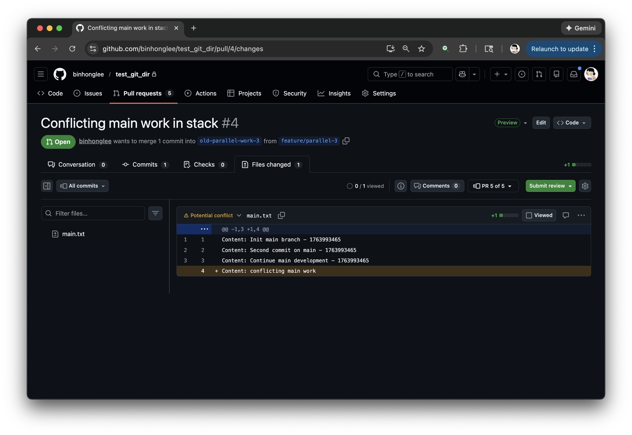 GitHub pull request page with a conflicting stack change