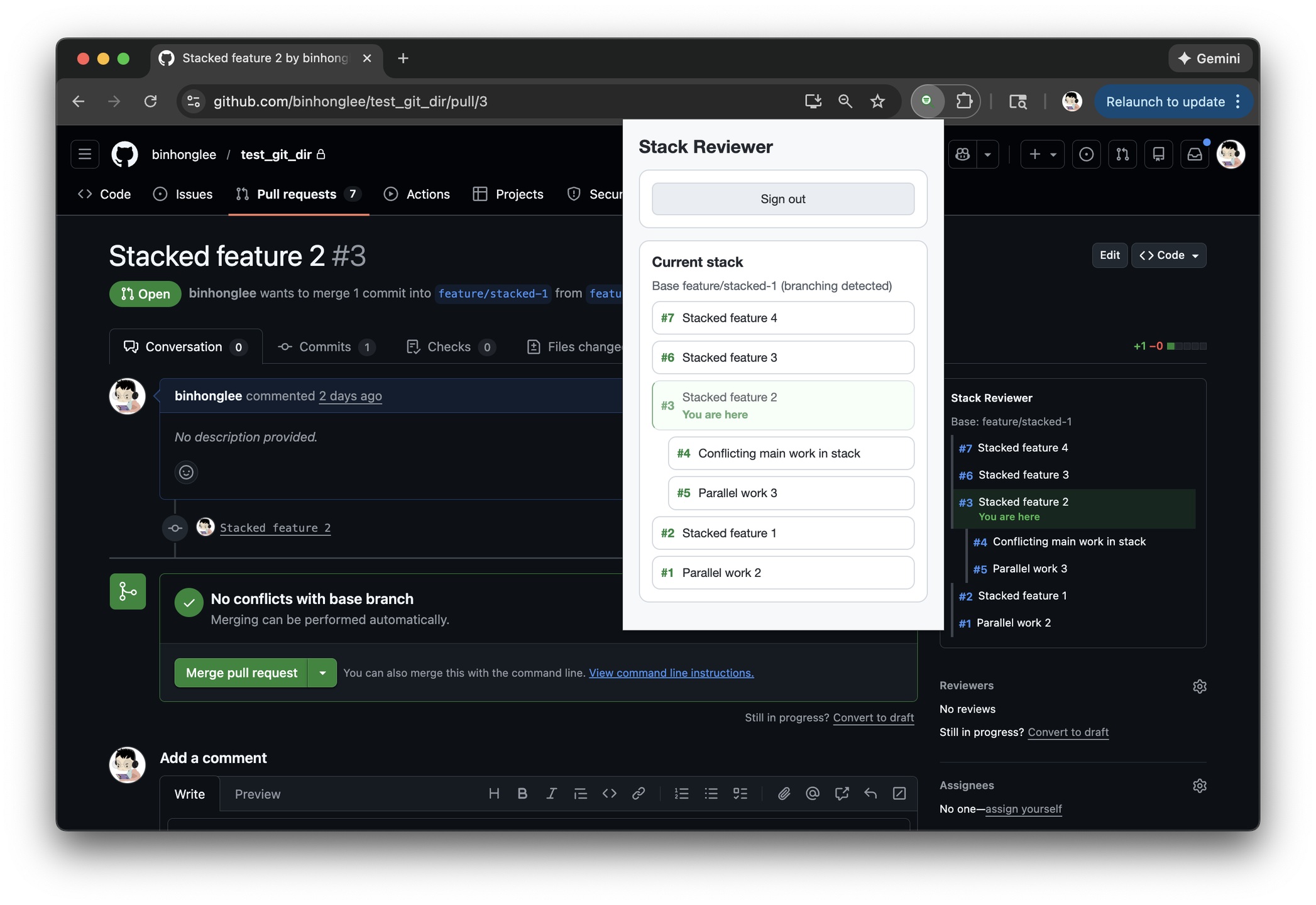 Stack Reviewer sidebar on a GitHub pull request