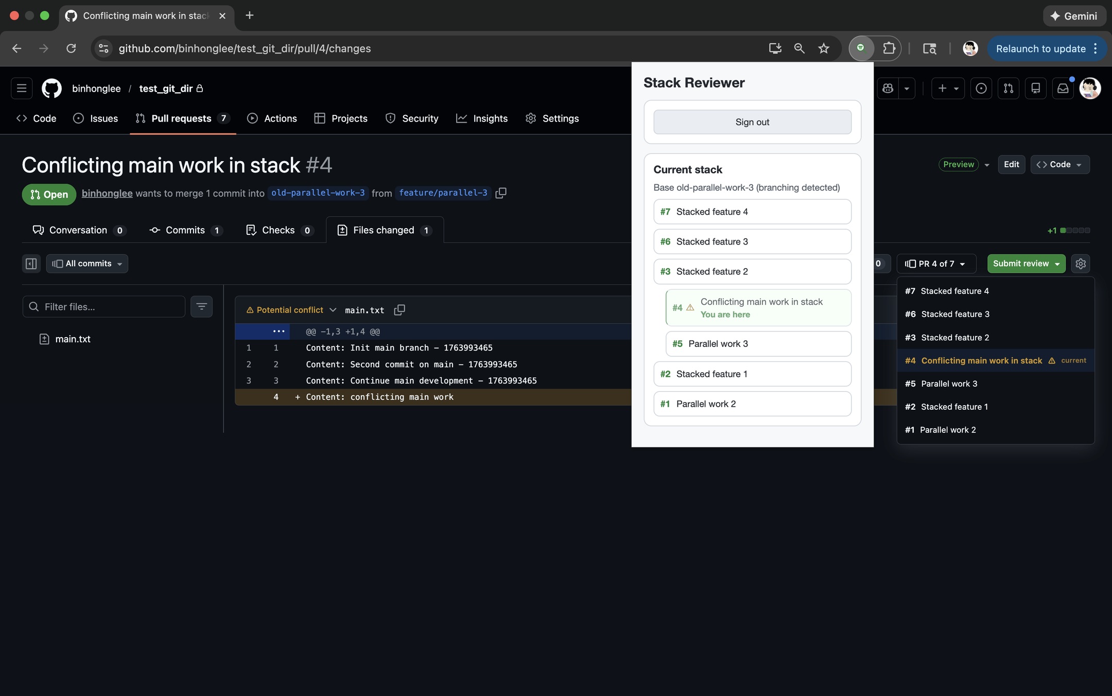 Stack Reviewer with the active pull request highlighted