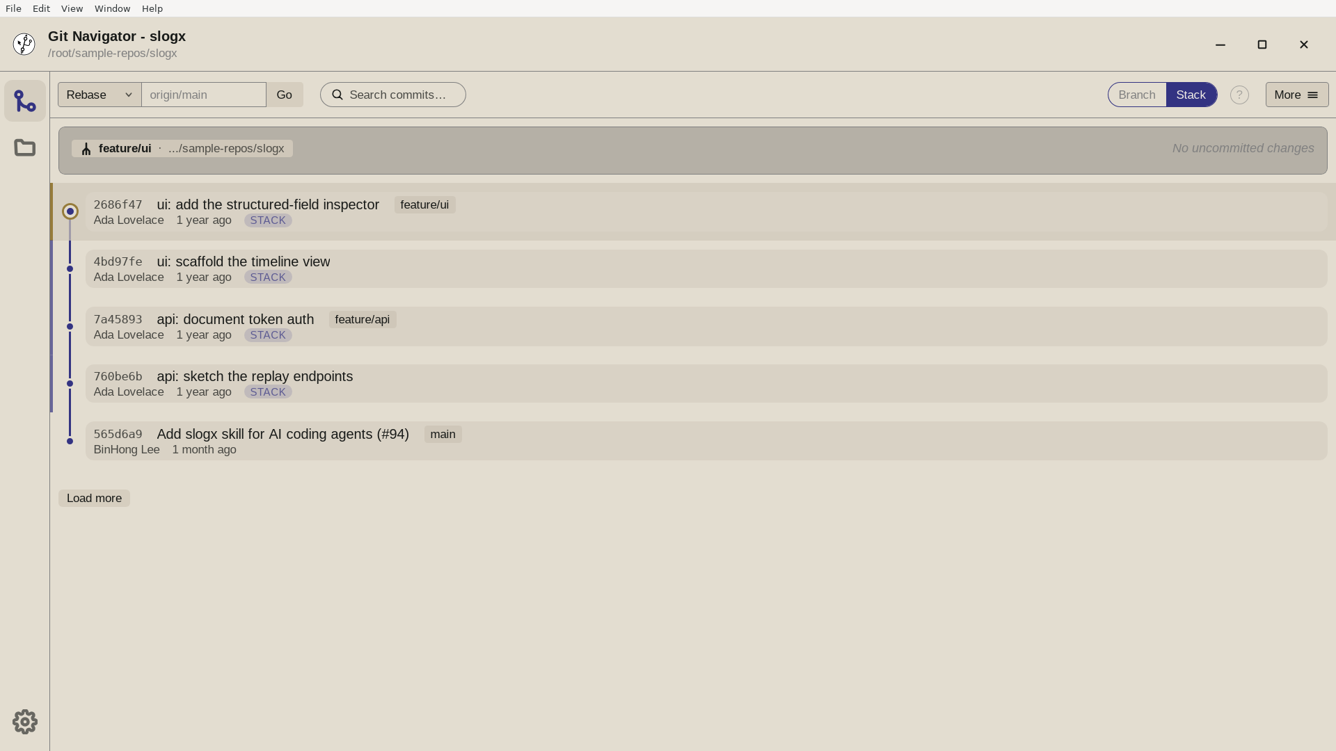 Git Navigator in stack mode showing a two-layer stack: feature/ui stacked on feature/api on main
