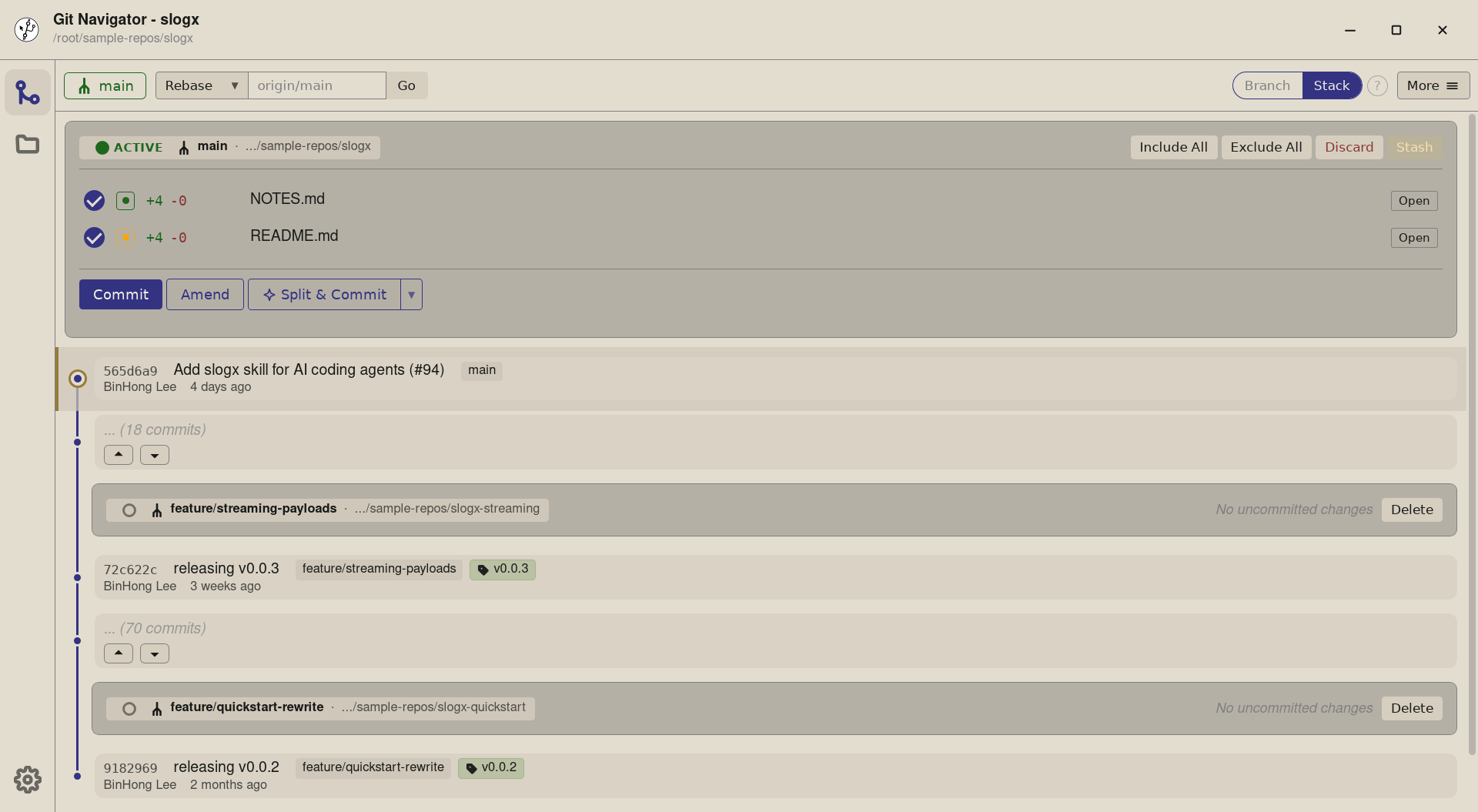 Git Navigator showing the uncommitted-changes panel with the inline Stash button enabled