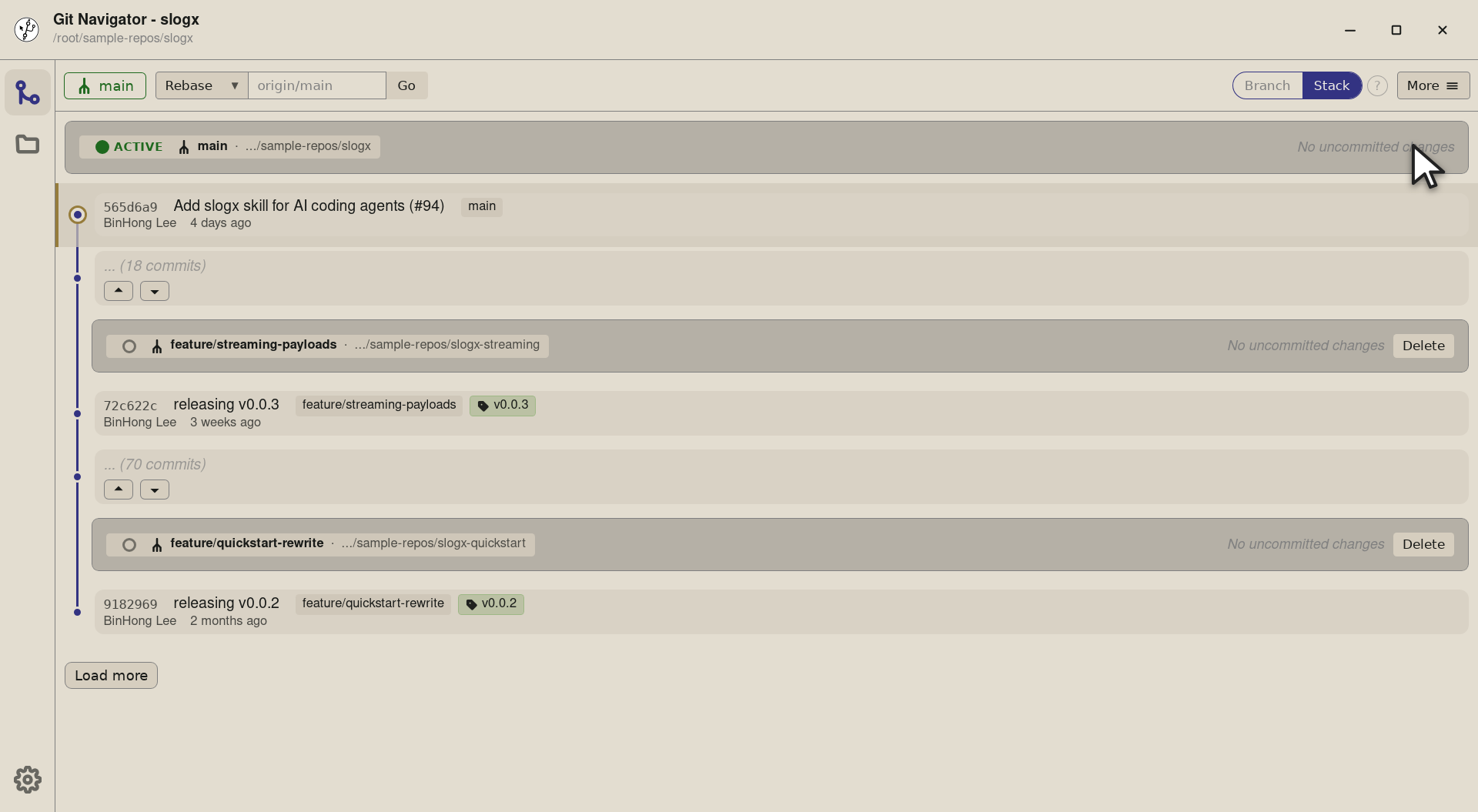 Step 3 — Click and Git Navigator runs git stash push -m "Stashed from included changes" -- <files> for the included paths. 